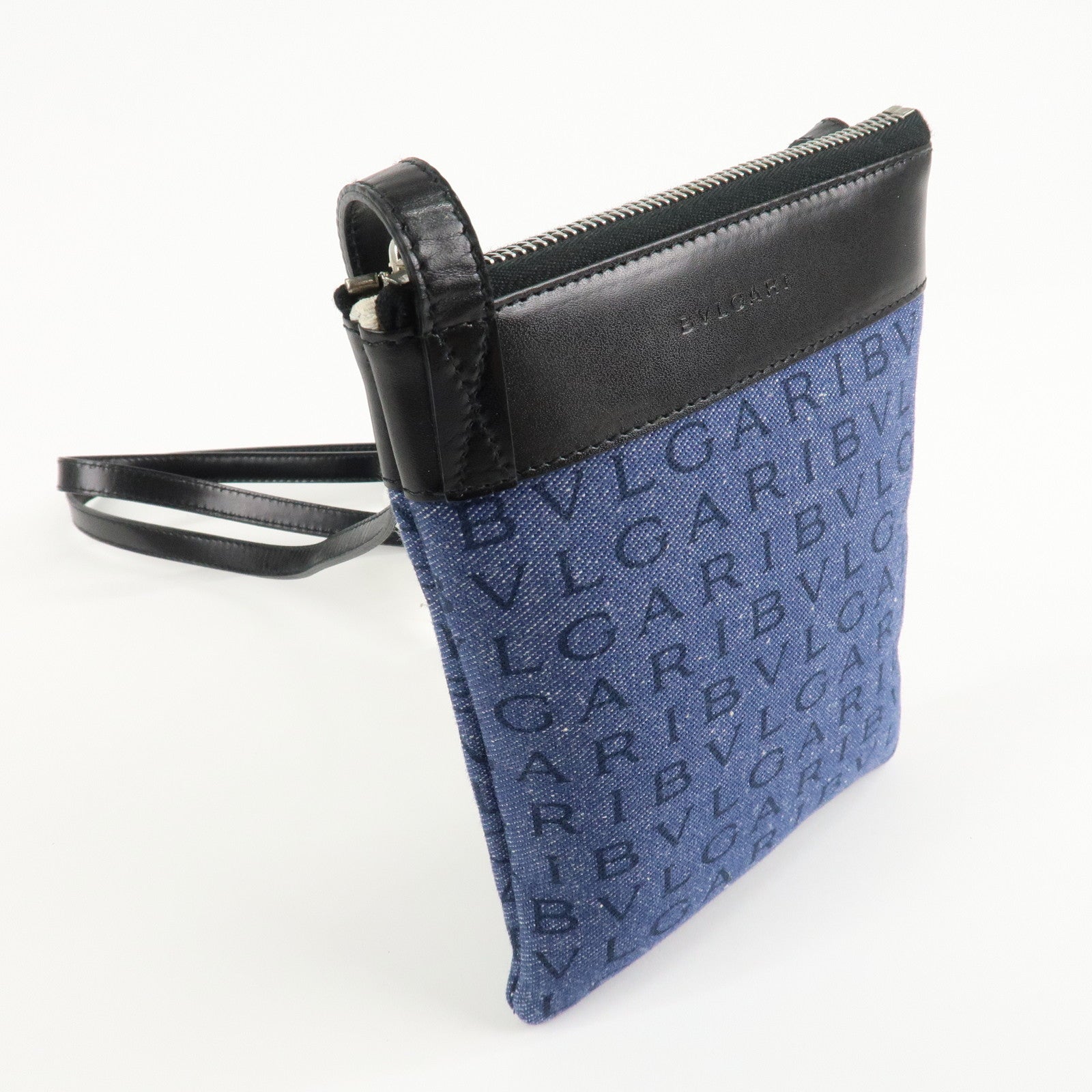 BVLGARI Logo Mania Canvas Leather Shoulder Bag Blue