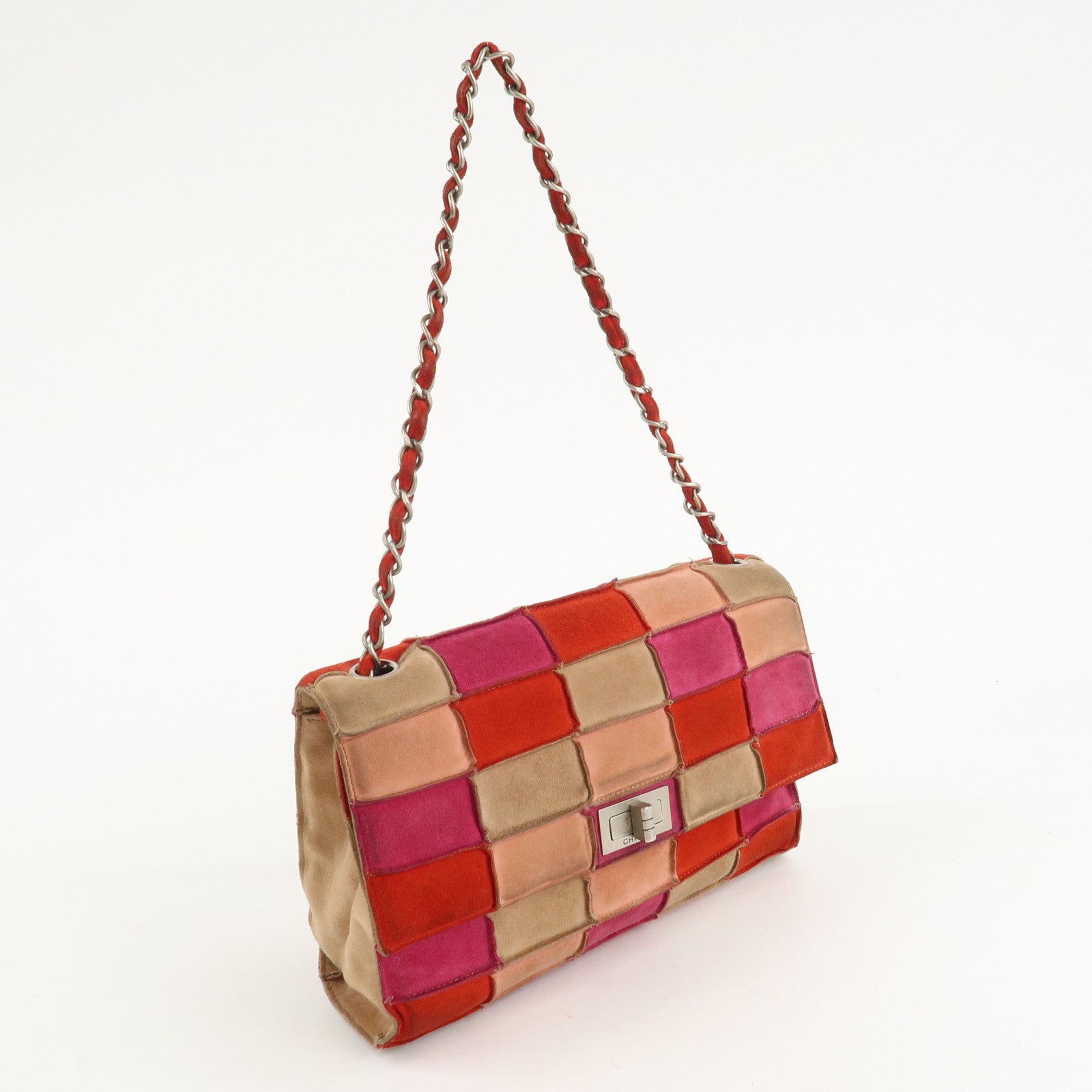 CHANEL Suede Patchwork Shoulder Bag Pink Beige Red