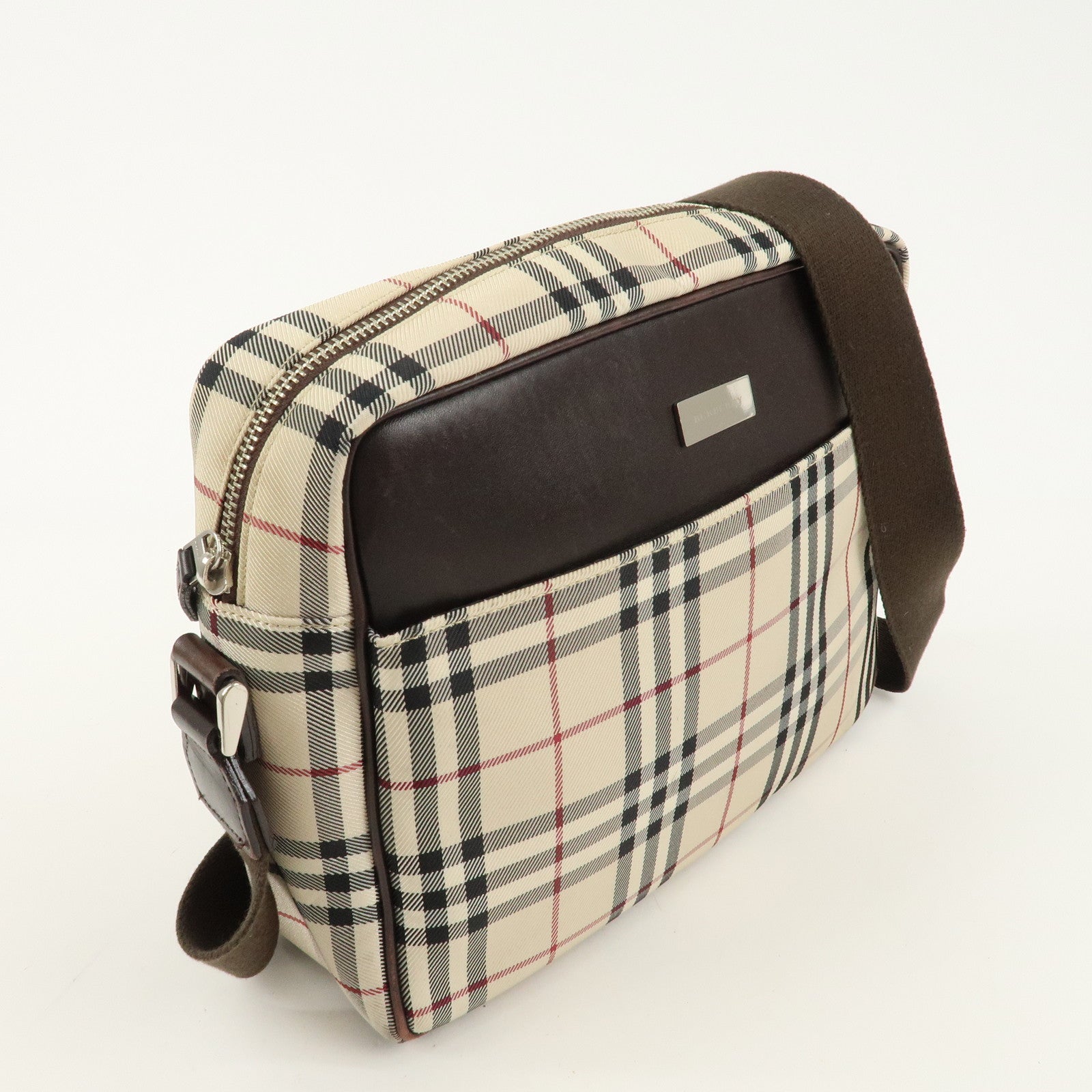 BURBERRY Nylon Leather Nova Plaid Shoulder Bag Beige Brown