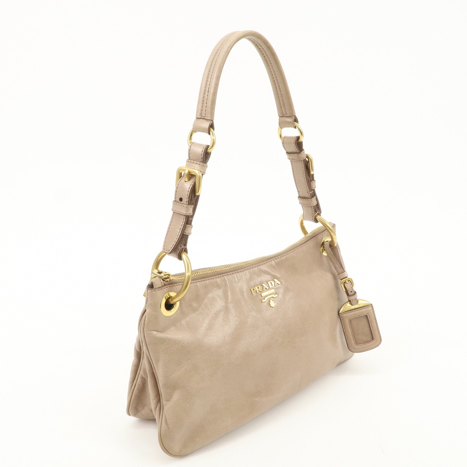 PRADA Leather Shoulder Bag Hand Bag Beige BR4984 Used