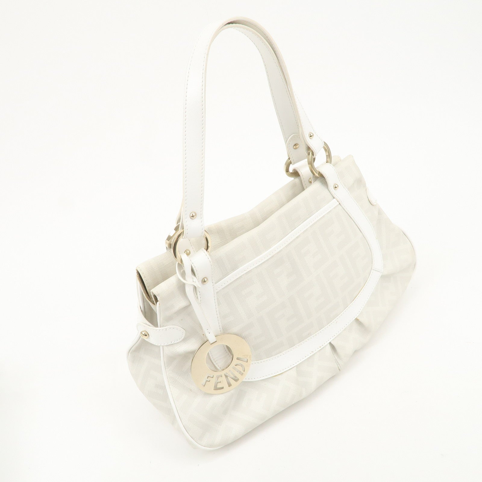 FENDI Zucca PVC Leather Shoulder Bag White Gold Hardware 8BR628 Used