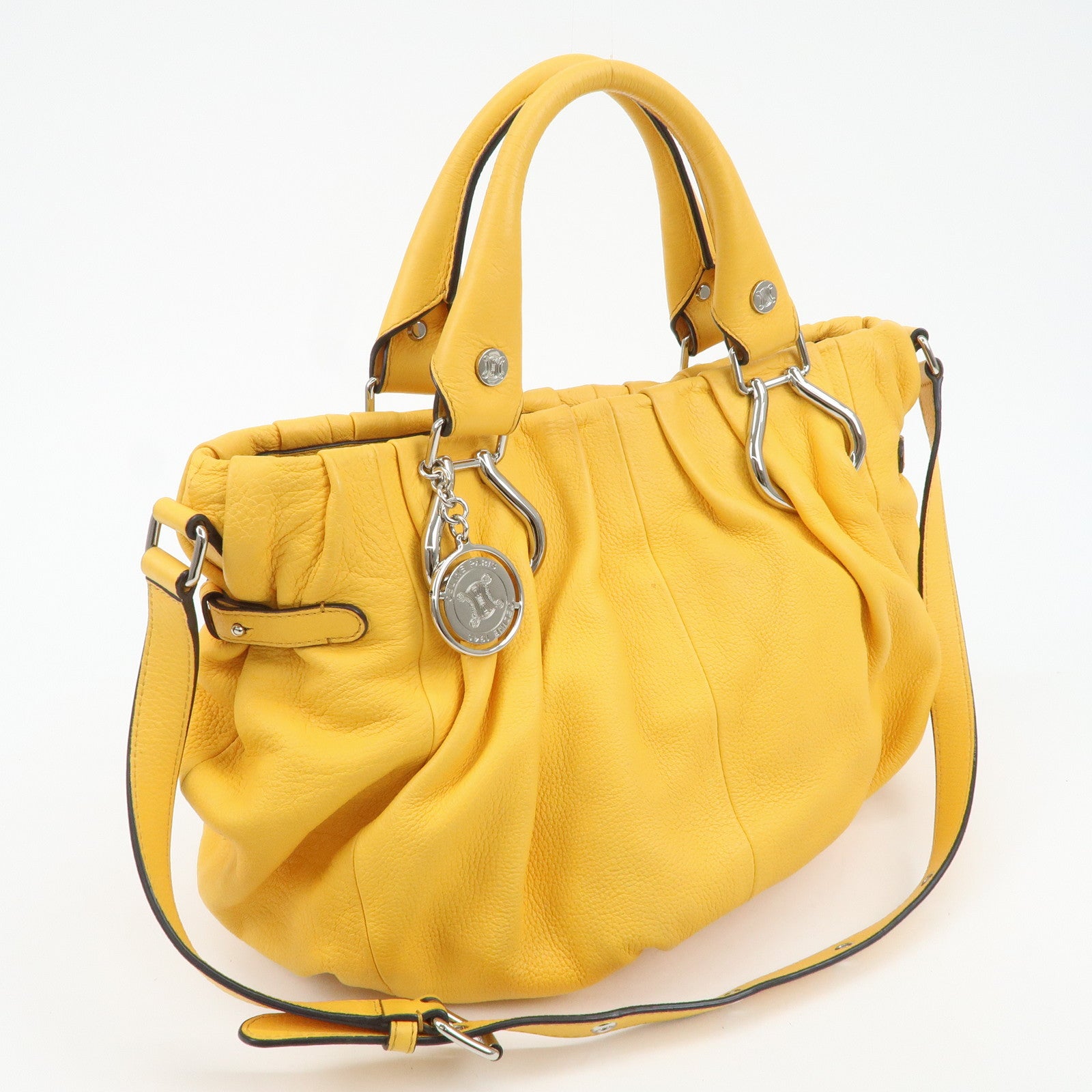 CELINE Leather 2way Pillow Bag Shoulder Bag Hand Bag Yellow Used