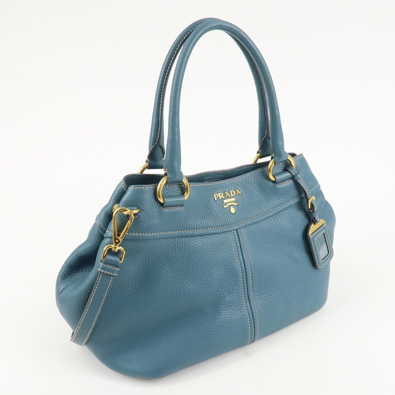 PRADA Leather 2Way Bag Hand Bag Shoulder Bag Blue Gold HDW Used