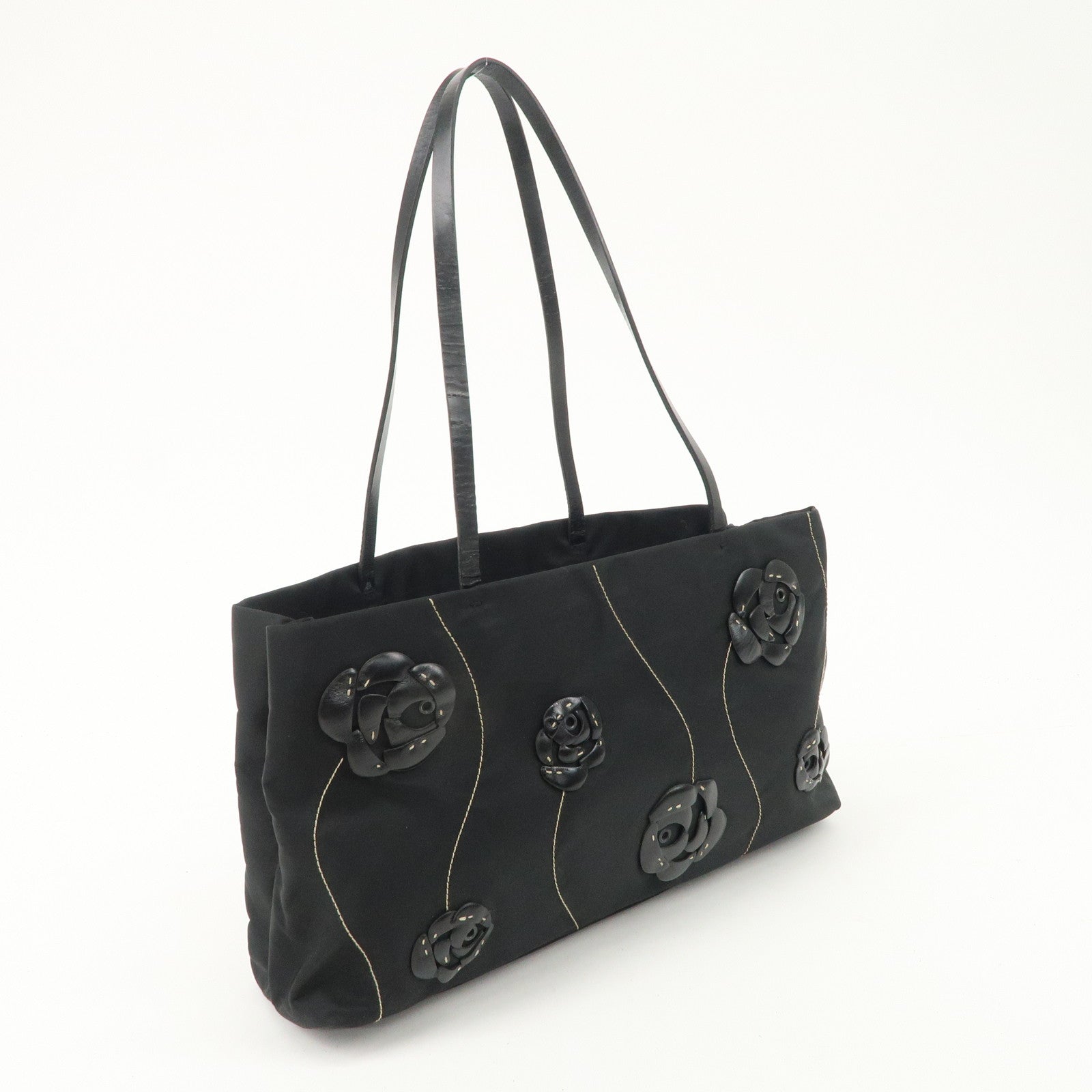 PRADA Traiangle Logo Nylon Leather Flower Tote Bag Black B11033 Used