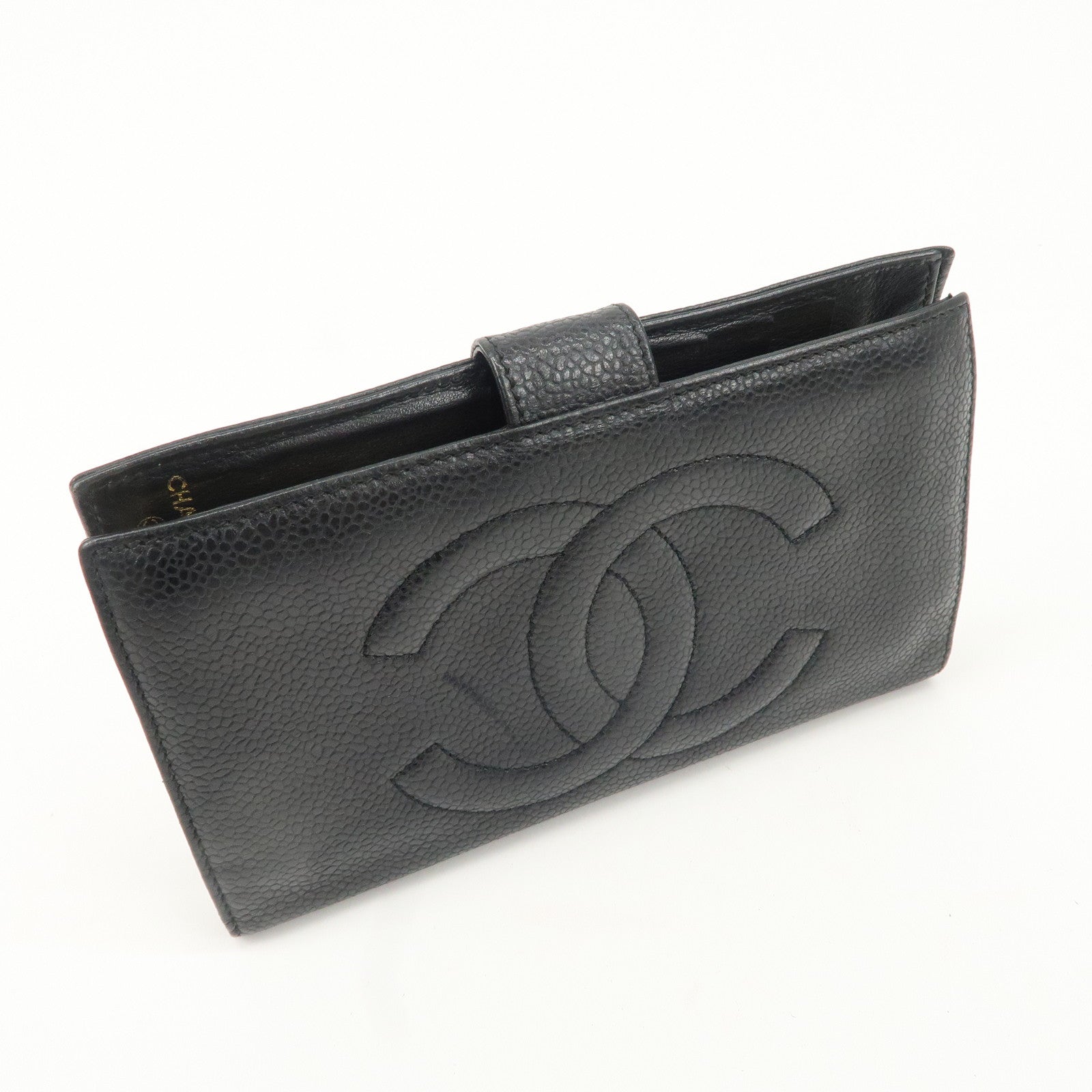 CHANEL Caviar Skin COCO Mark Bi-fold Wallet Black A01429 Used