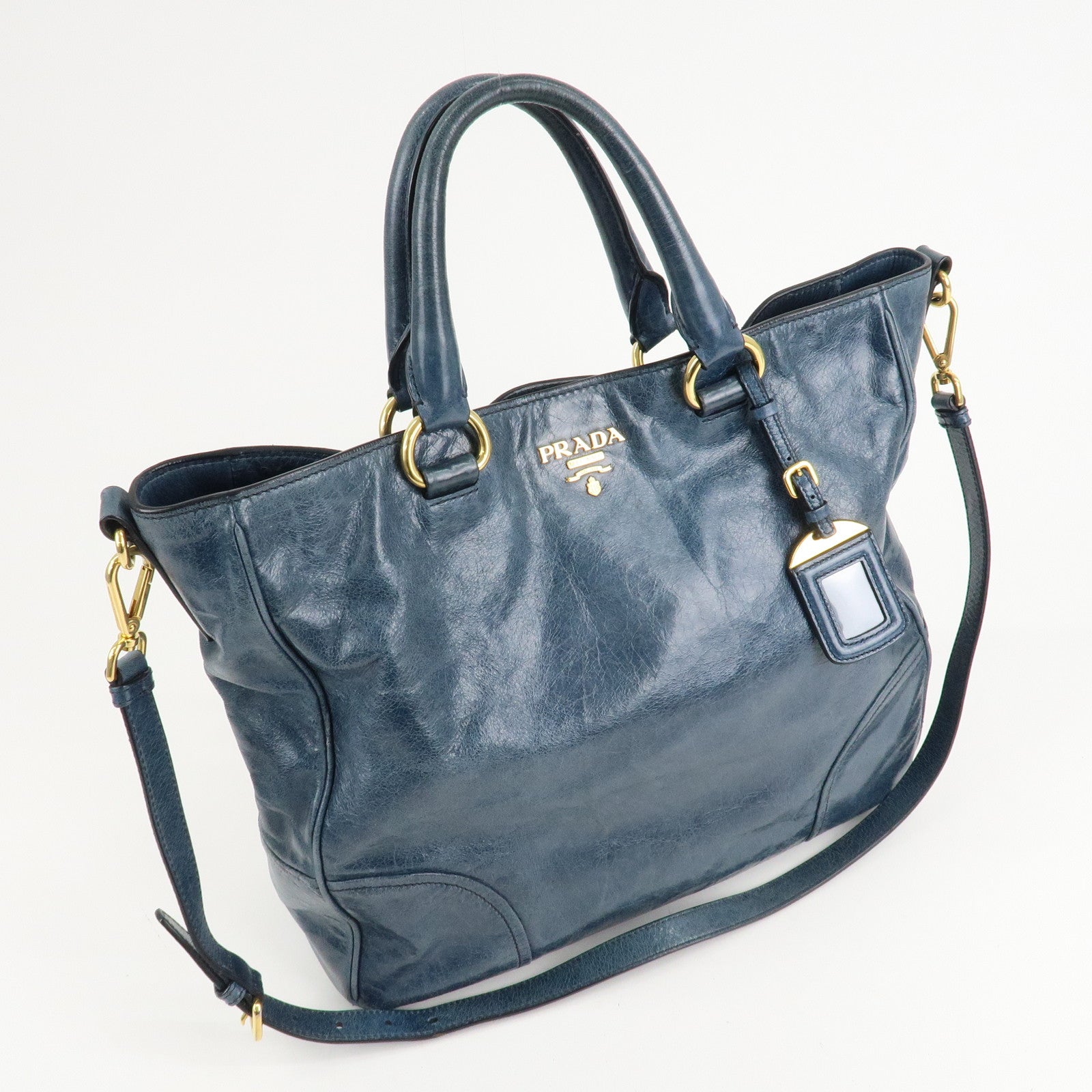 PRADA Leather 2Way Bag Hand Bag Shoulder Bag Blue BN2325 Used