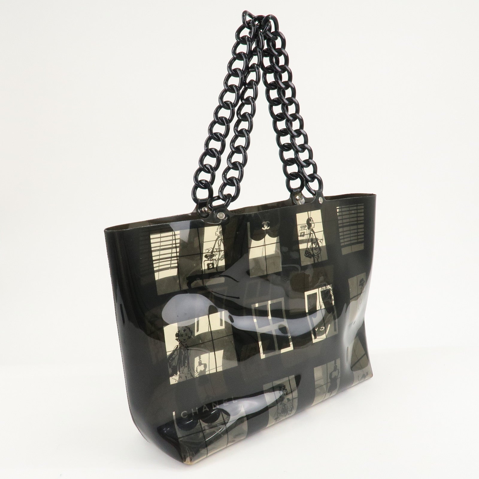 CHANEL Windows Line Vinyl Tote Bag Clear Black Used