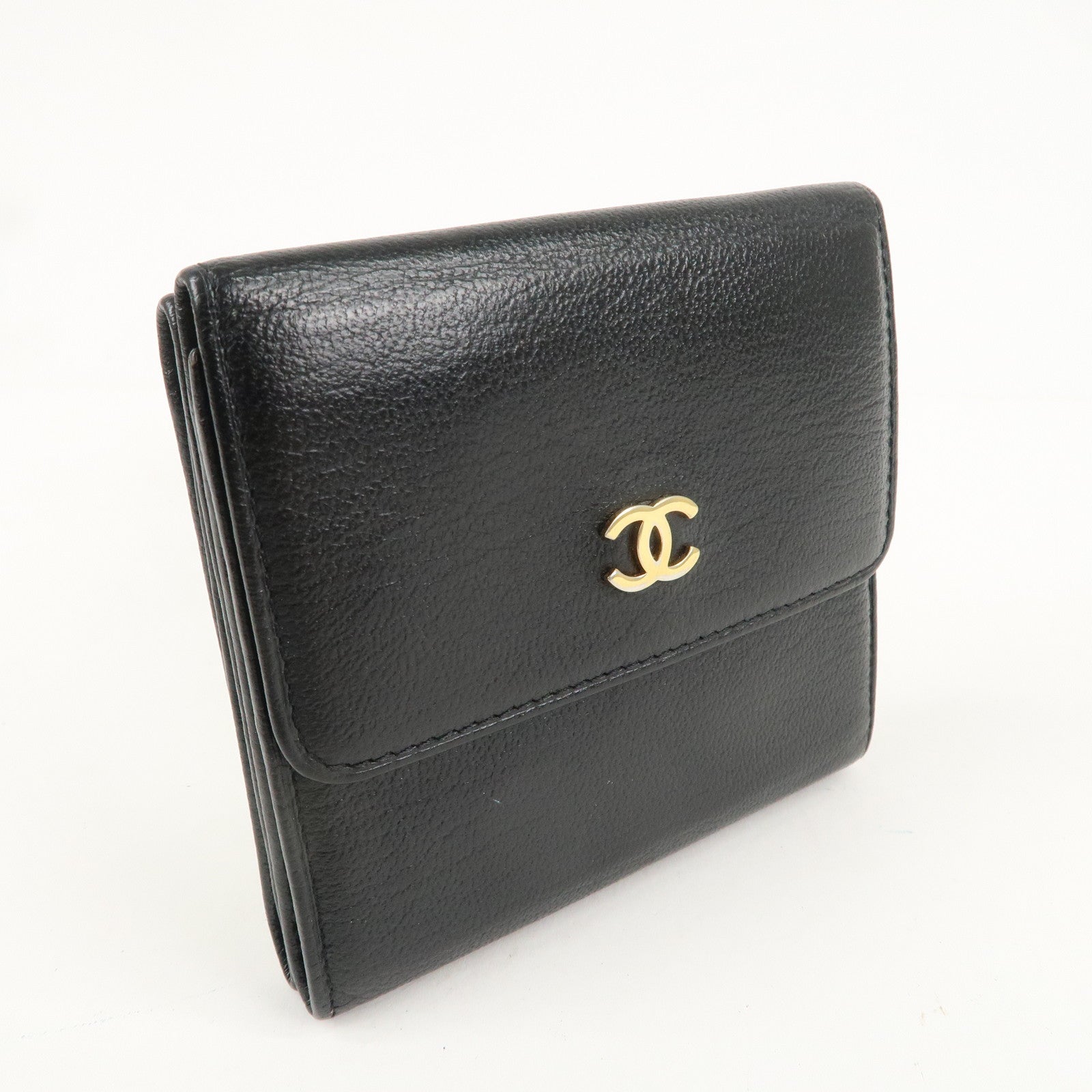 CHANEL Leather Double Hook Wallet Black Gold Hardware