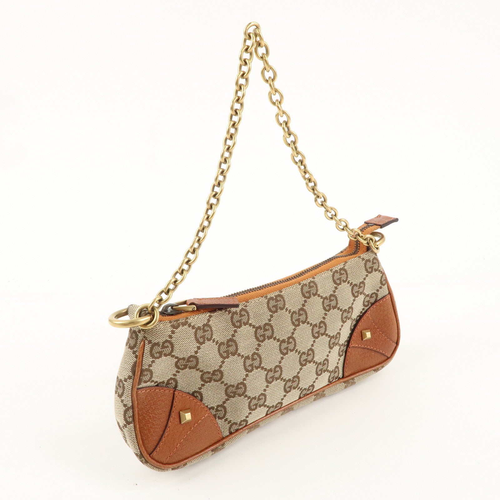 GUCCI GG Canvas Leather Chain Hand Bag Pouch Beige Brown 120940