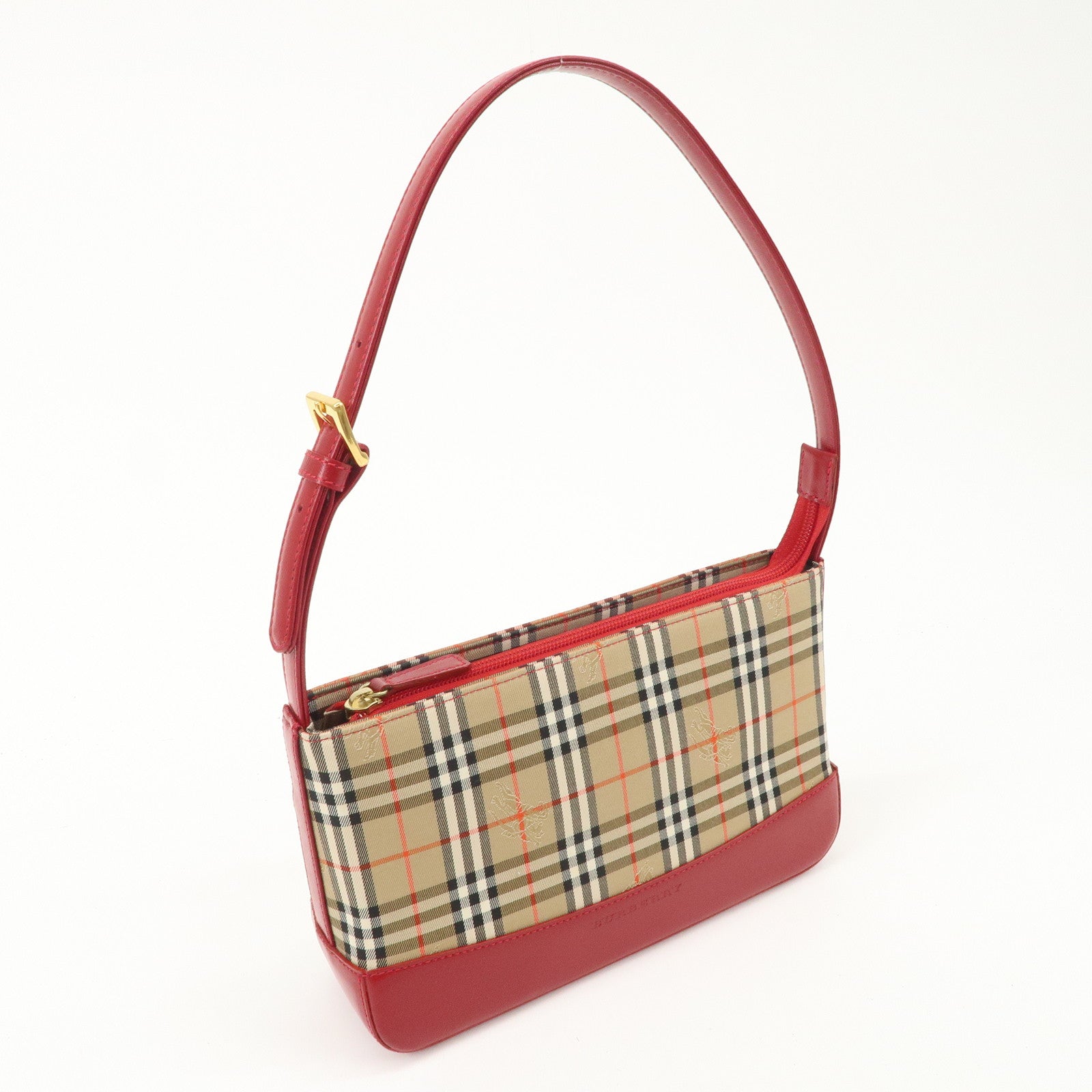 BURBERRY Nova Plaid Canvas Leather Shoulder Bag Hand Bag Red