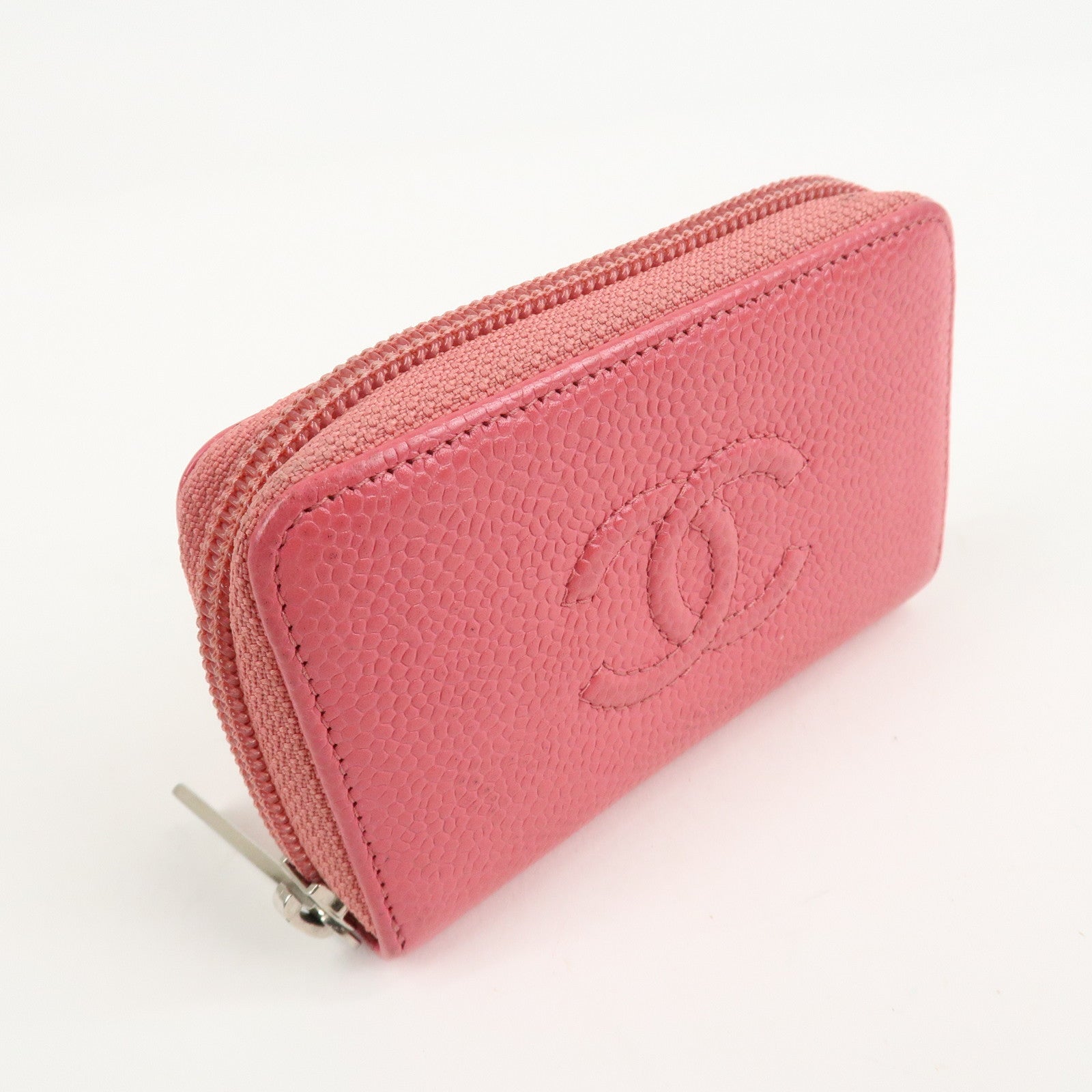 CHANEL Caviar Skin Round Zipper Coin Case Wallet Pink A68890 Used