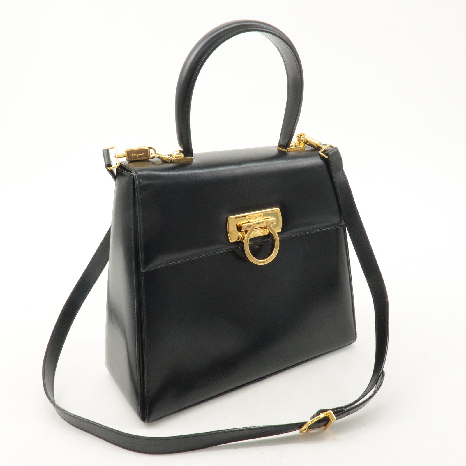 FERRAGAMO Leather Gancini 2Way Hand Shoulder Bag Black AT210536