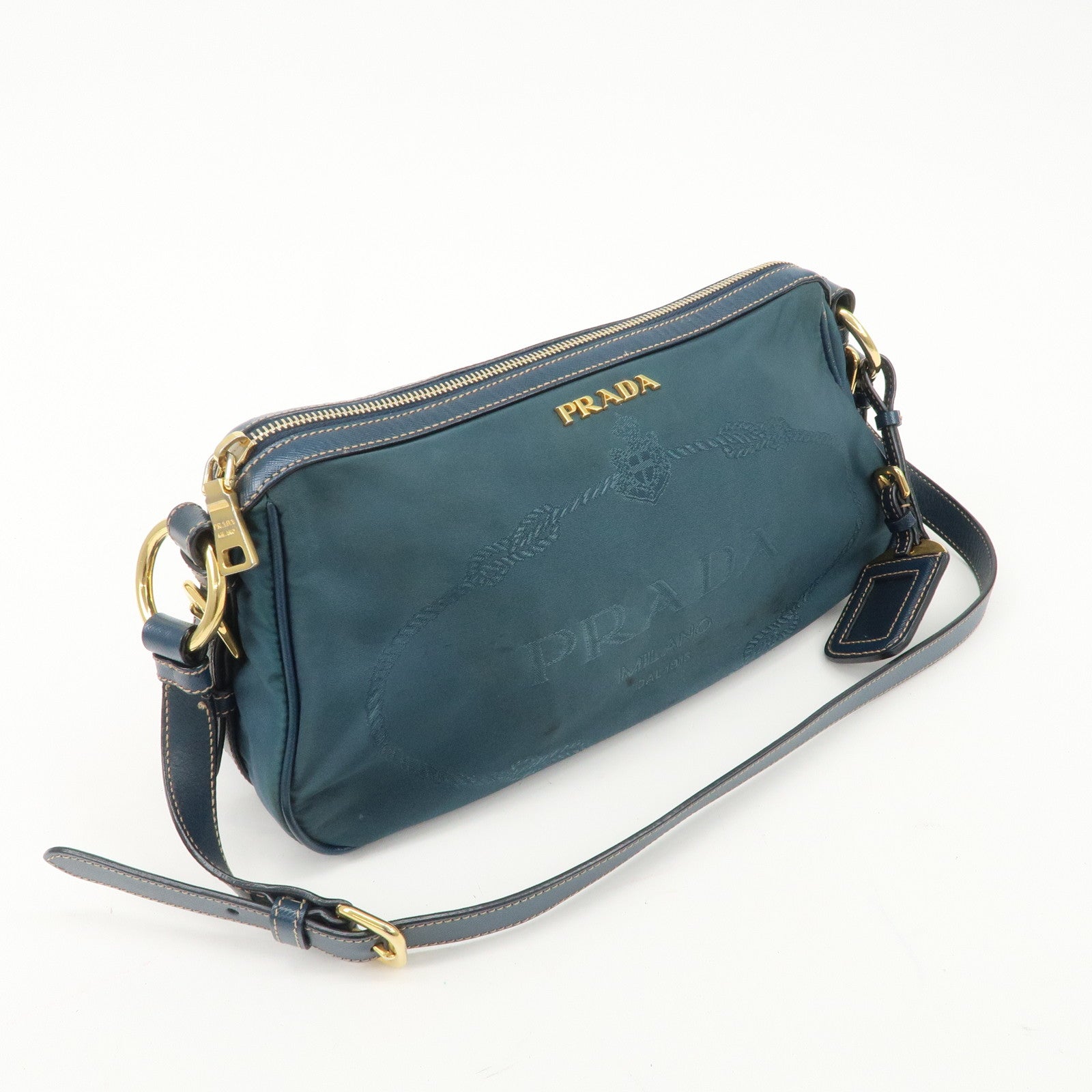 PRADA Nylon Leather Shoulder Bag Hand Bag Navy Gold HDW