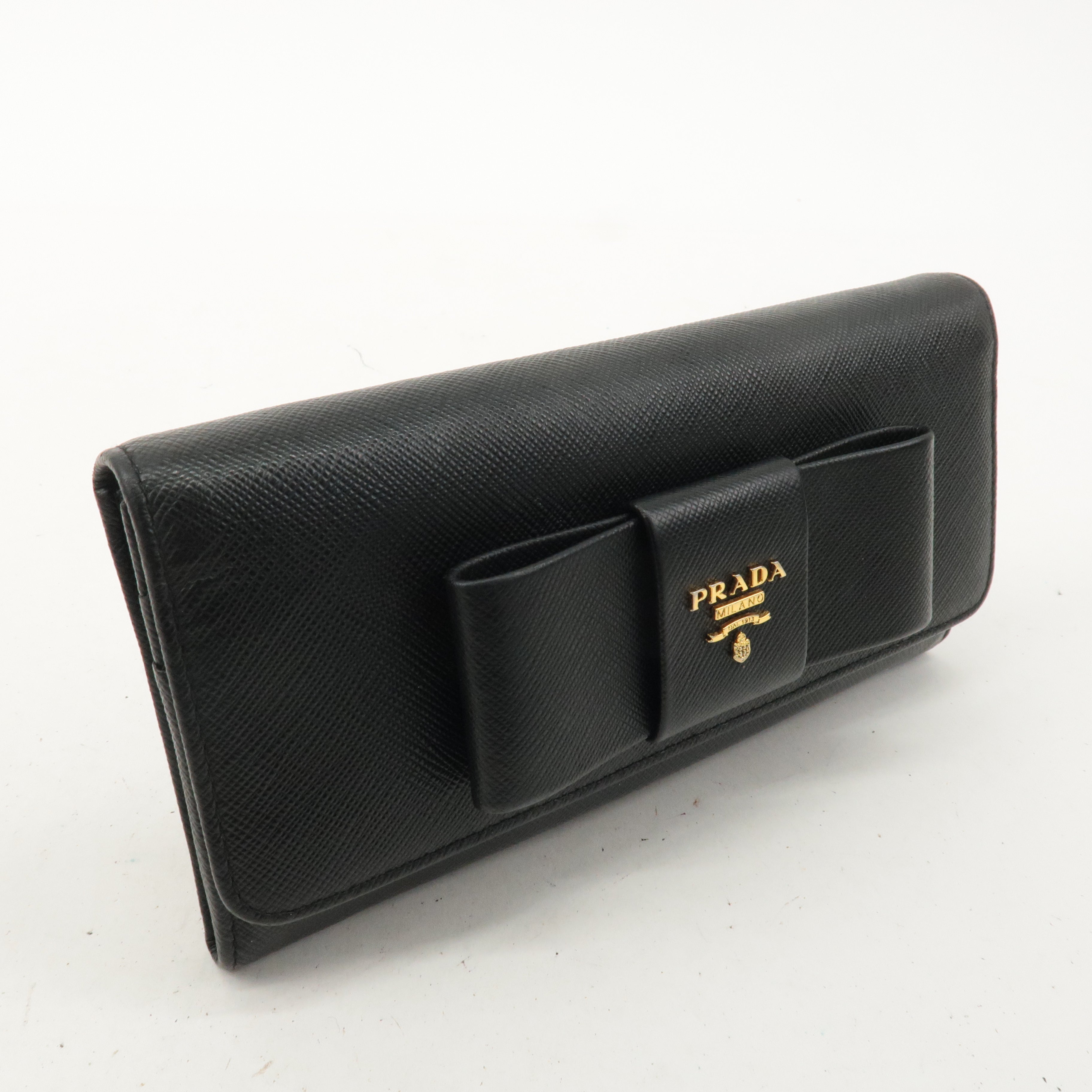 PRADA Saffiano Leather Ribbon Bi-fold Long Wallet Black 1MH132