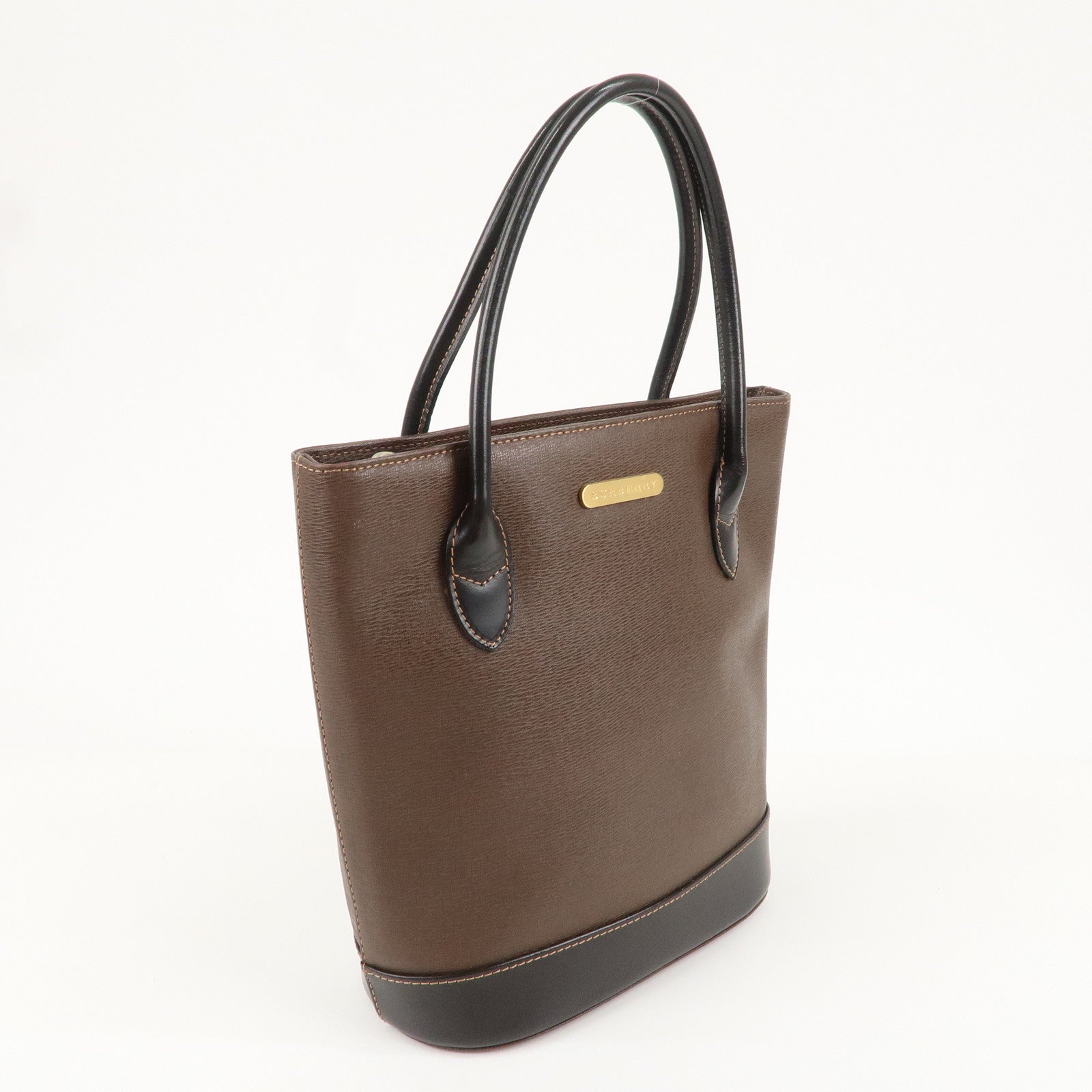 BURBERRY Leather Tote Bag Hand Bag Brown Gold Hardware