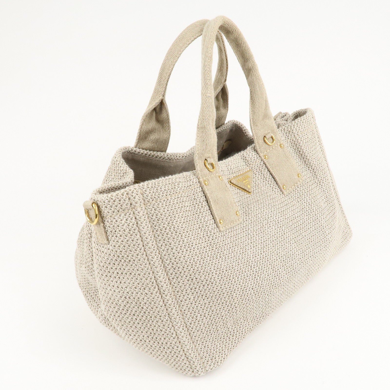 PRADA Logo Canapa Linen Canvas 2Way Tote Bag Shoulder Bag BN2038 Used