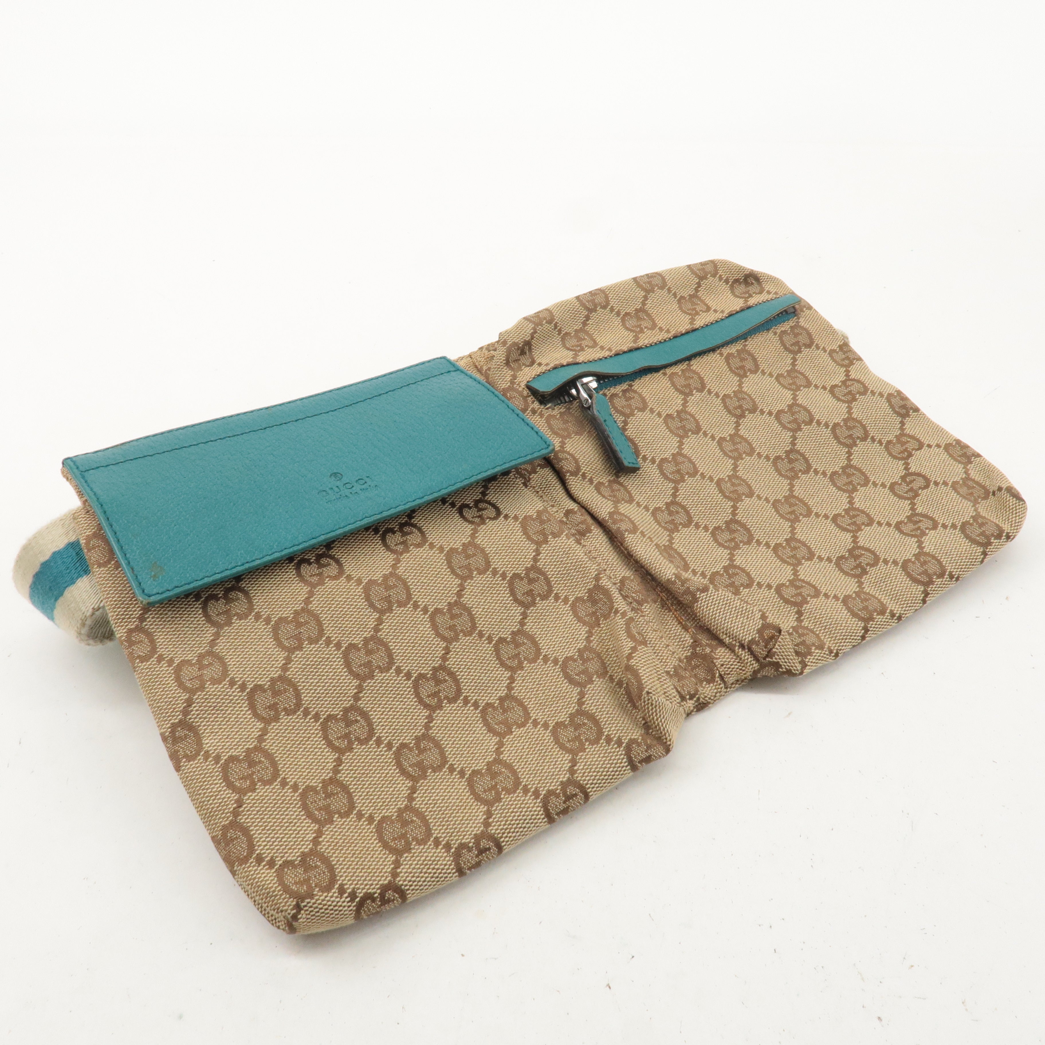 GUCCI GG Canvas Leather Waist Bag Crossbody Bag Turquoise 28566