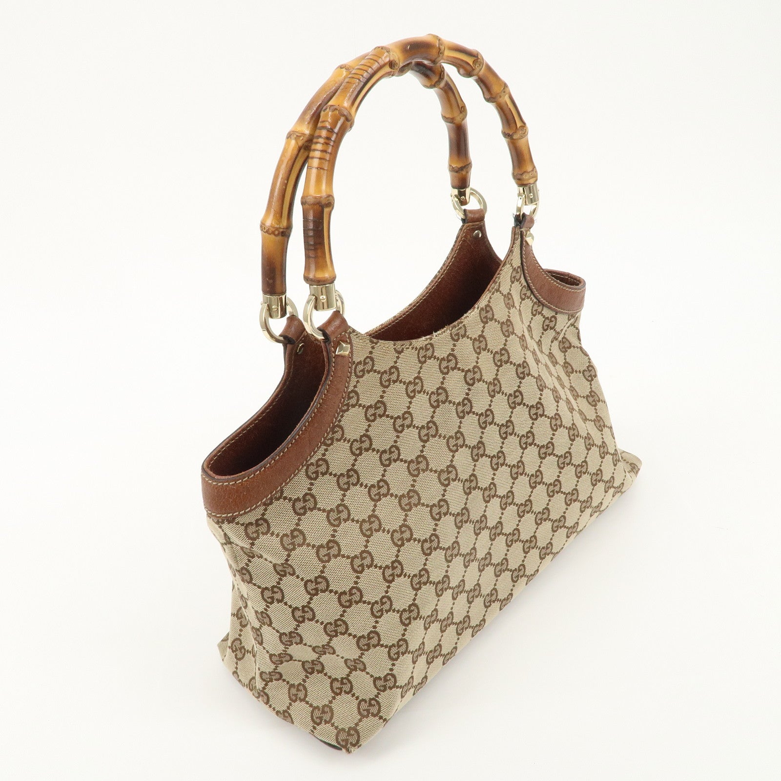 GUCCI Bamboo GG Canvas Leather Shoulder Bag Beige Brown 137395 Used