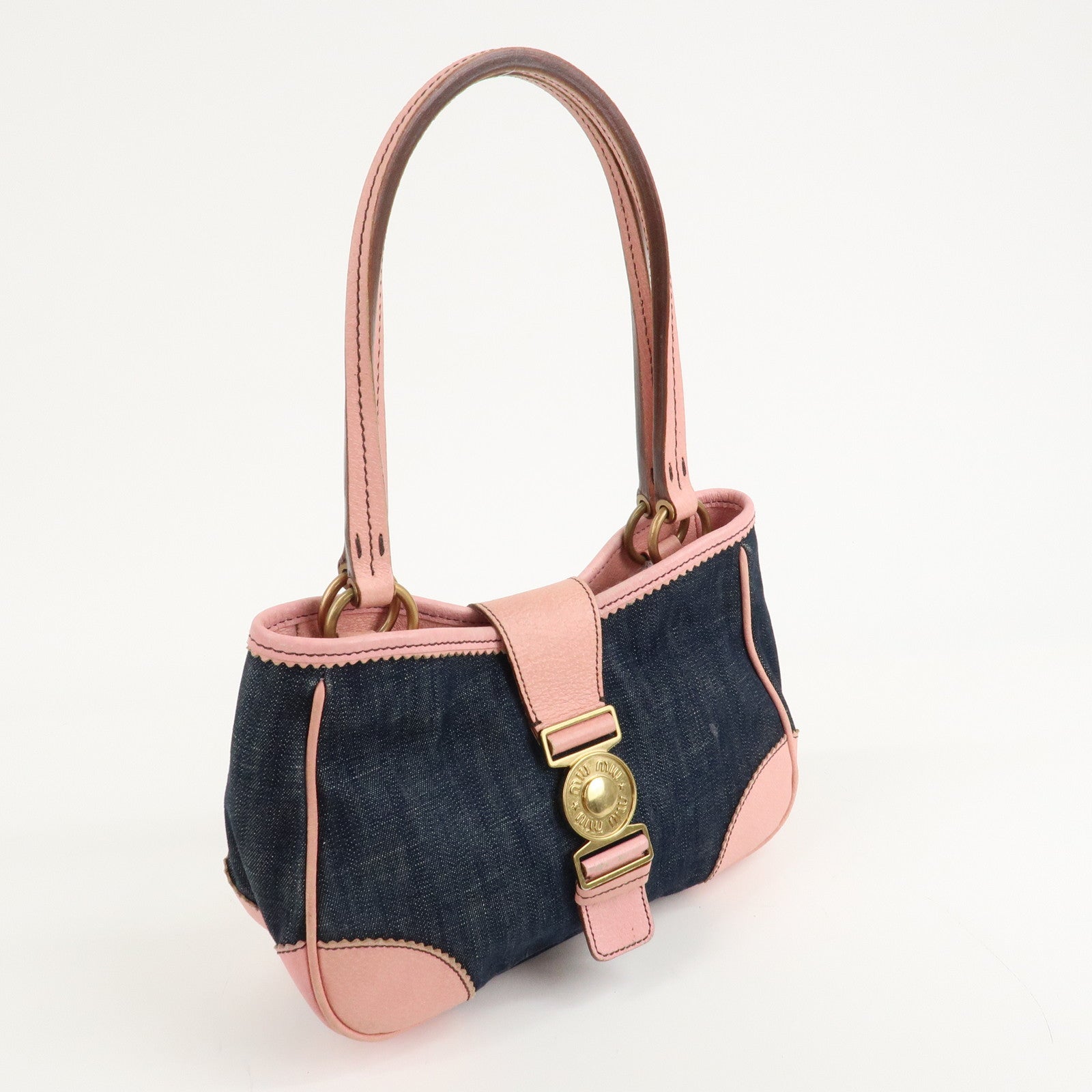 MIU MIU Denim Leather Indigo 2Way Tote Bag Shoulder Bag Pink Used