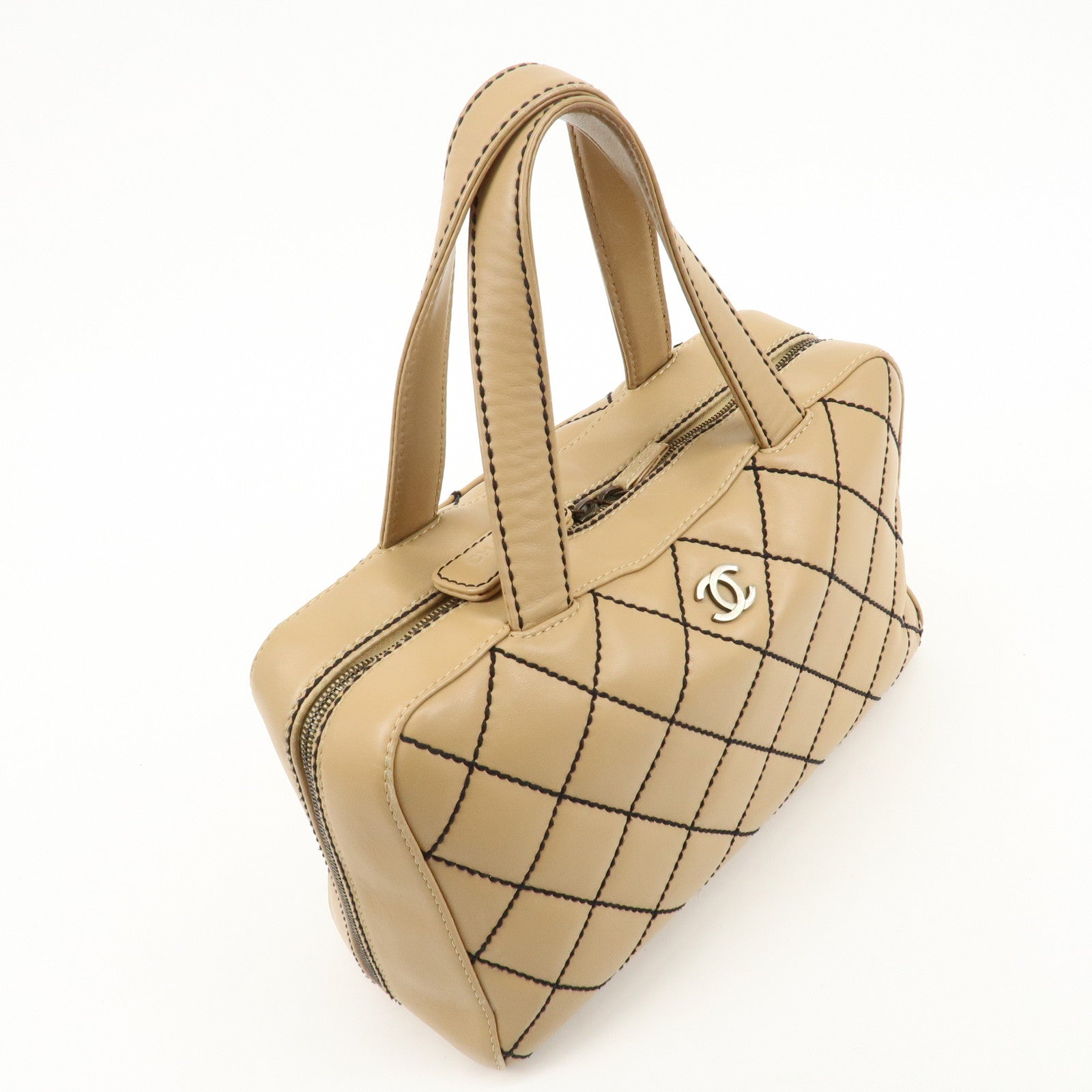 CHANEL Wild Stitch Lamb Skin Coco Mark Hand Bag Beige A14692