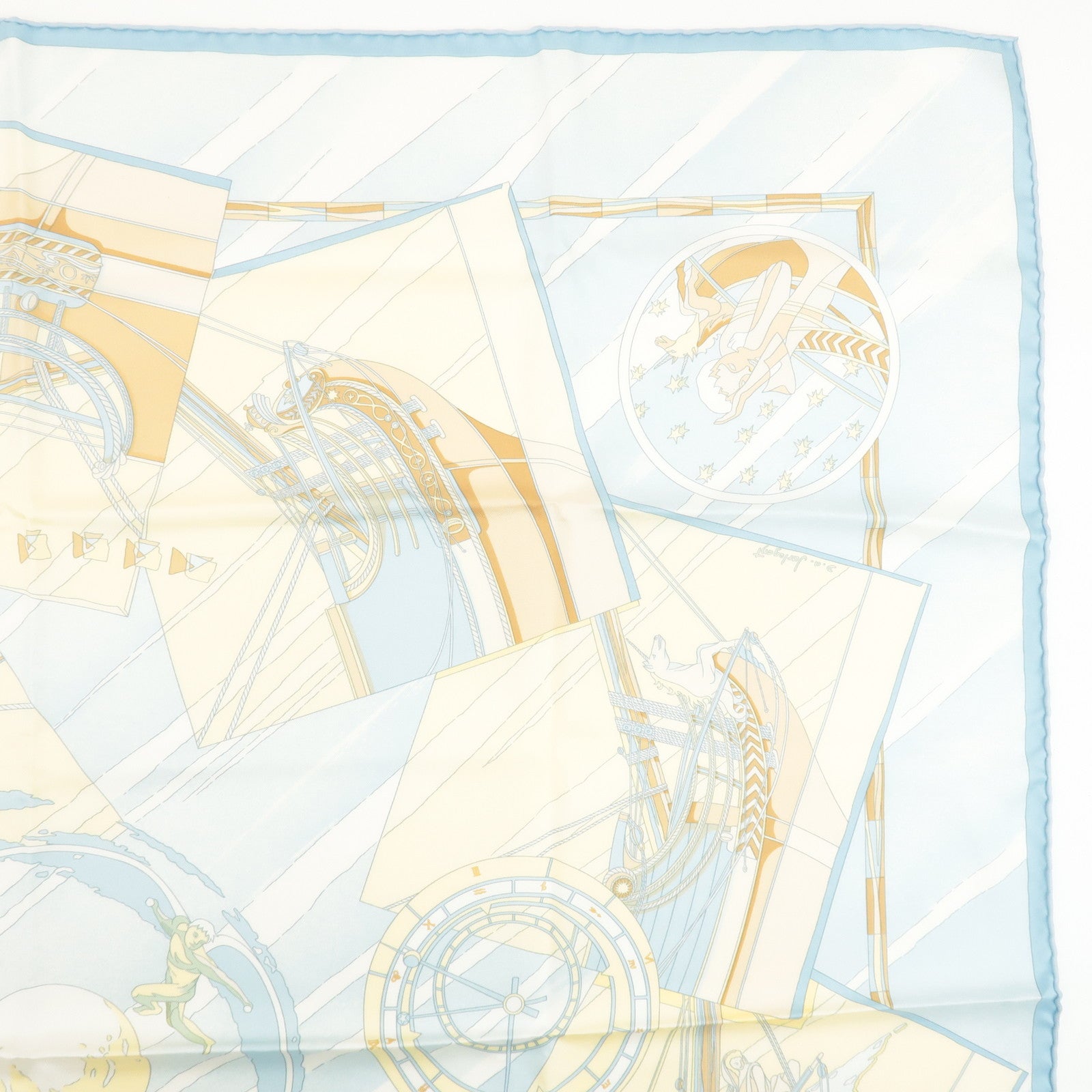 HERMES Silk 100% Carre 90 Scarf Face au Large Light Blue Used