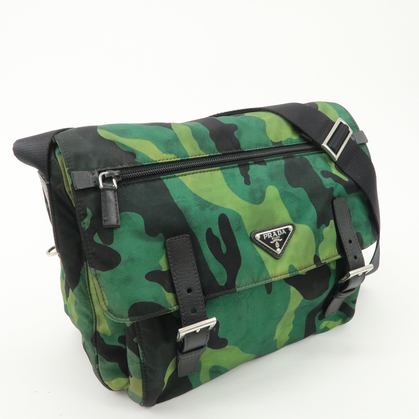 PRADA Logo Nylon Leather Camouflage Shoulder Bag Green Black