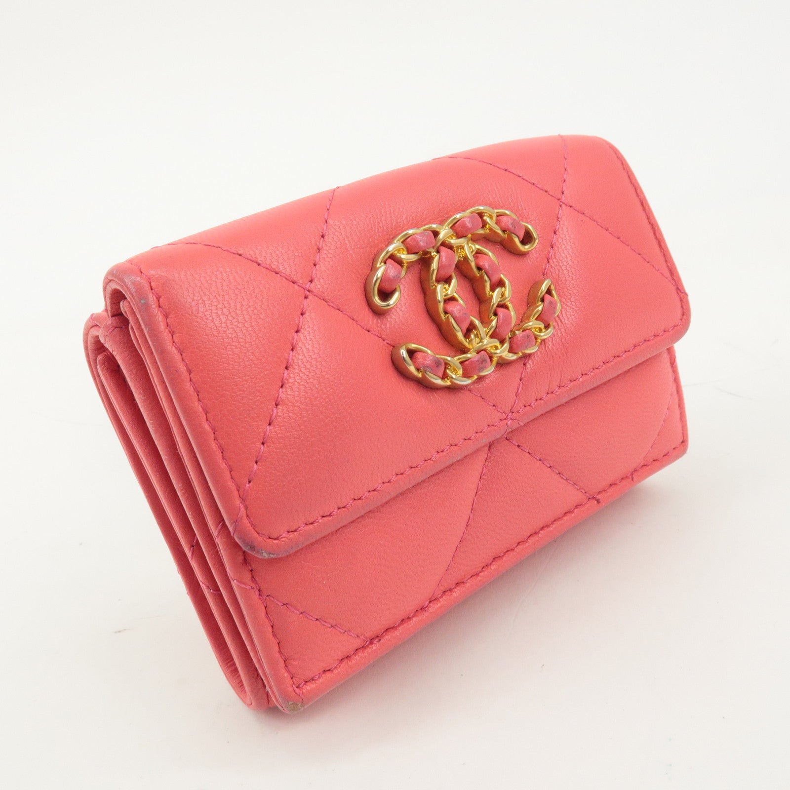 CHANEL Matelasse Lamb Skin Small Tri-fold Wallet Pink AP1789