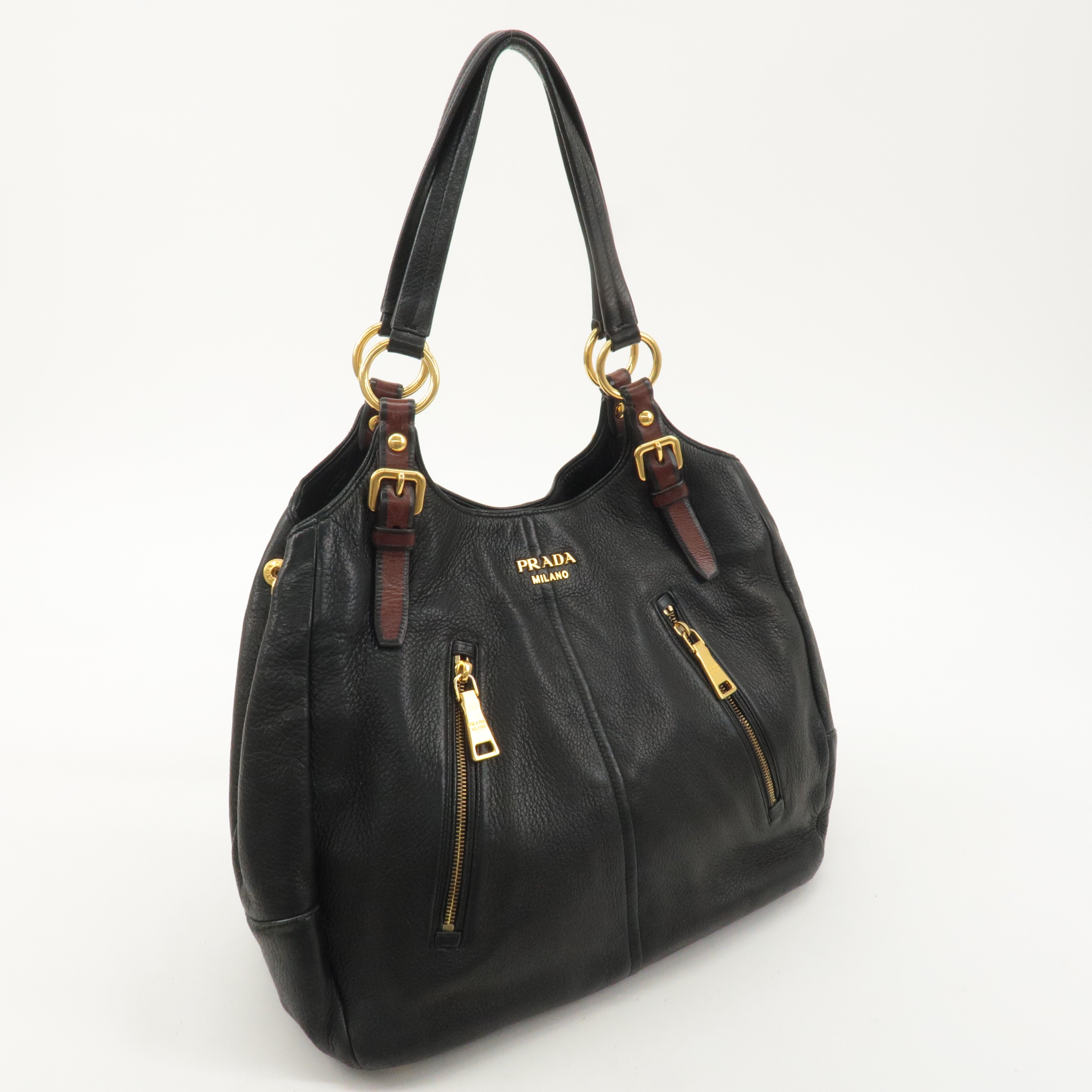 PRADA Leather Tote Bag Shoulder Bag Black Brown