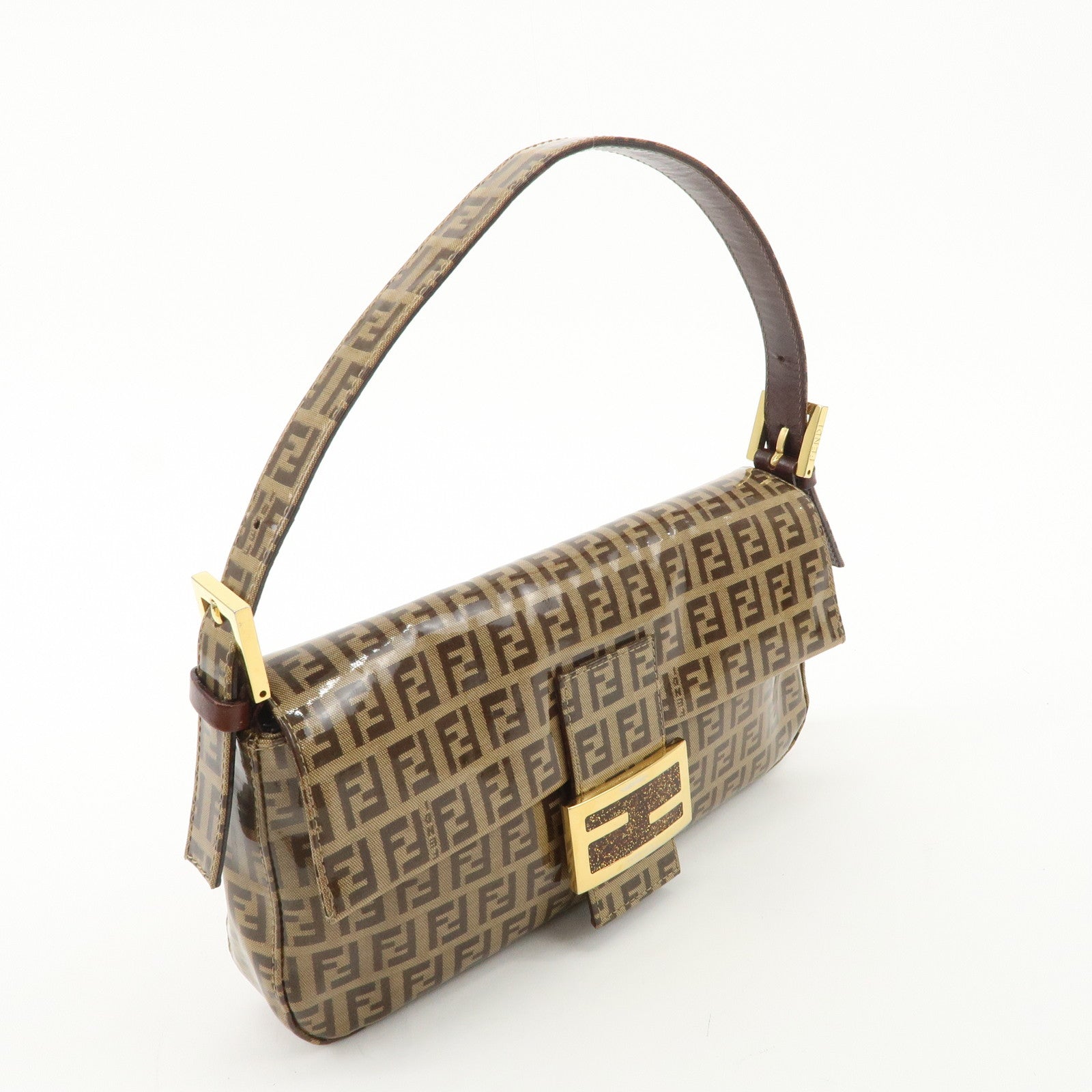 FENDI Zucchino Mamma Baguette PVC Shoulder Bag Brown 26424