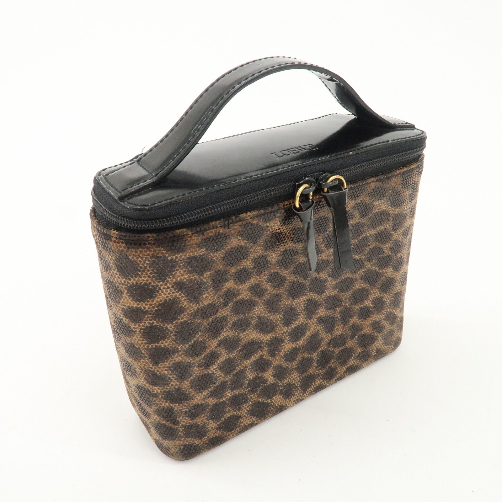 LOEWE Nylon Canvas Patent Leather Leopard Vanity Bag Black Beige