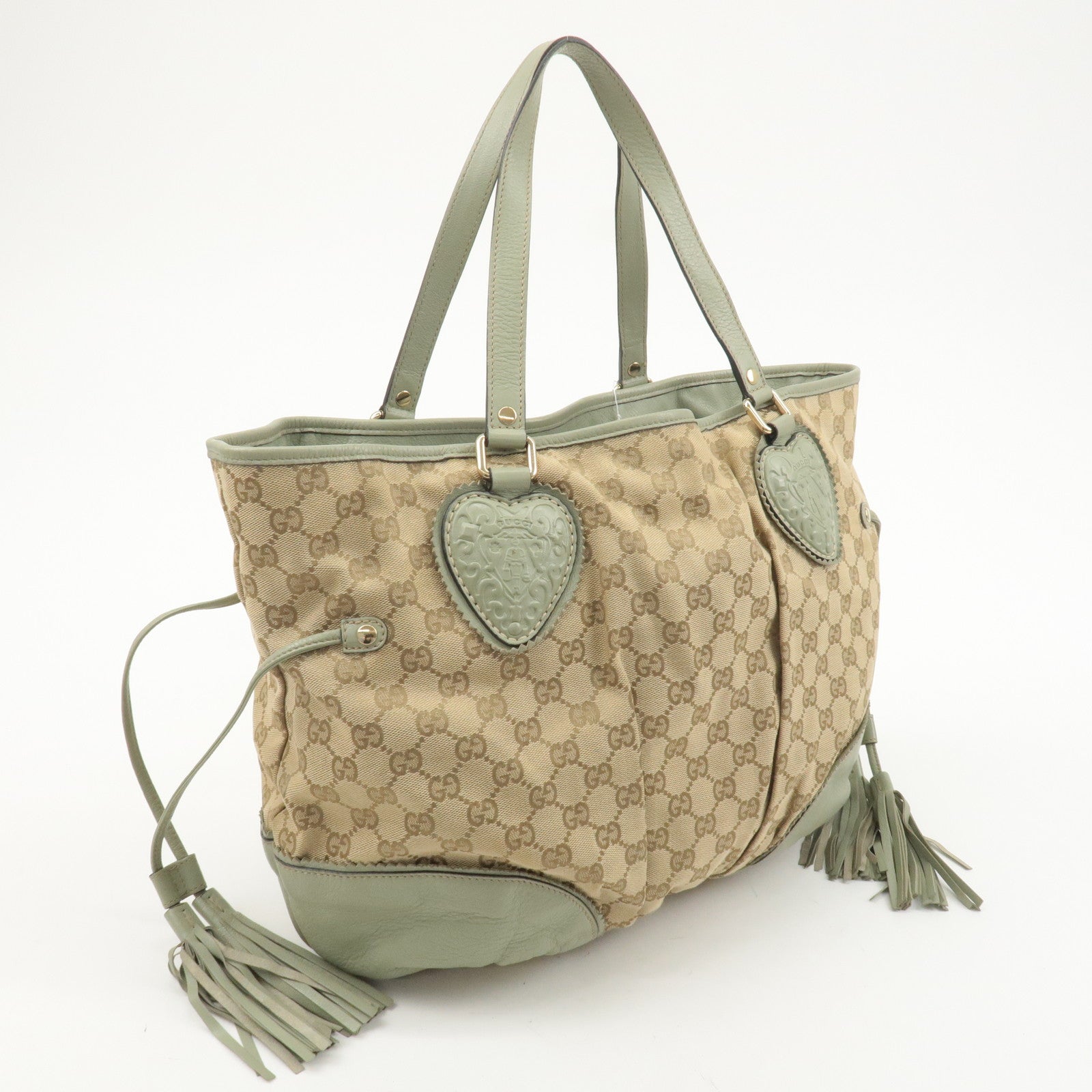 GUCCI GG Canvas Leather Tote Bag Beige Light Green 211954