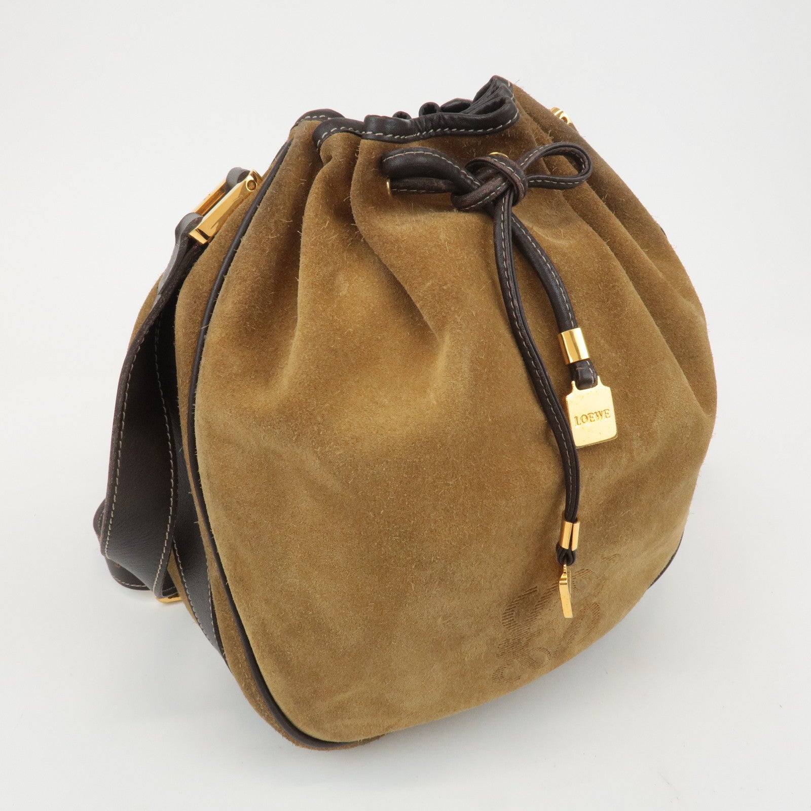 LOEWE Anagram Suede Leather Shoulder Bag Beige Brown