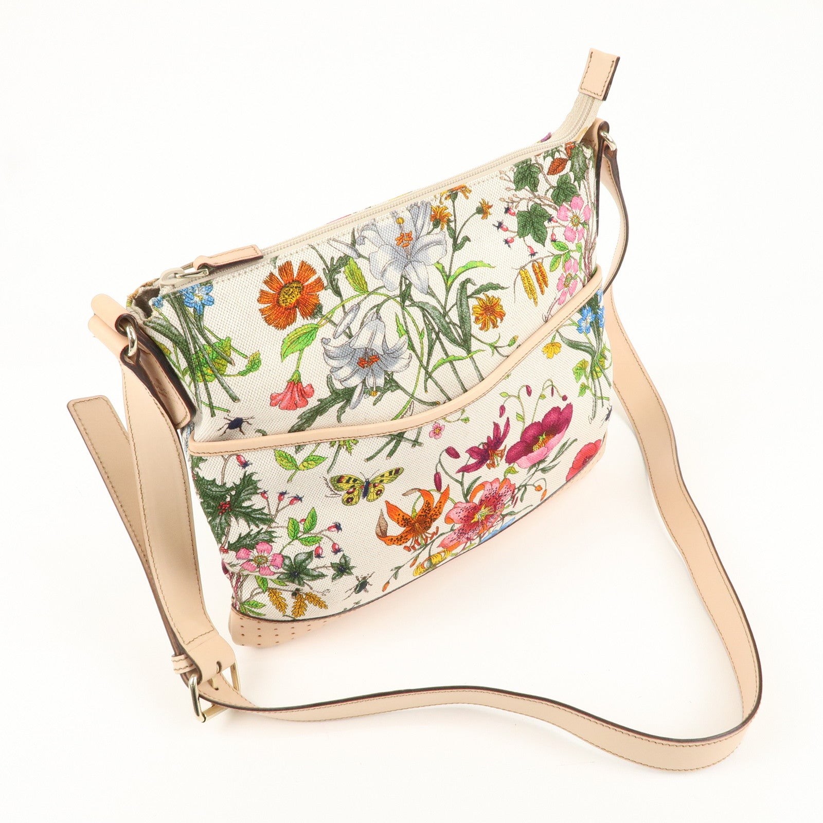 GUCCI Flora Canvas Leather Shoulder Bag Beige Ivory 145857