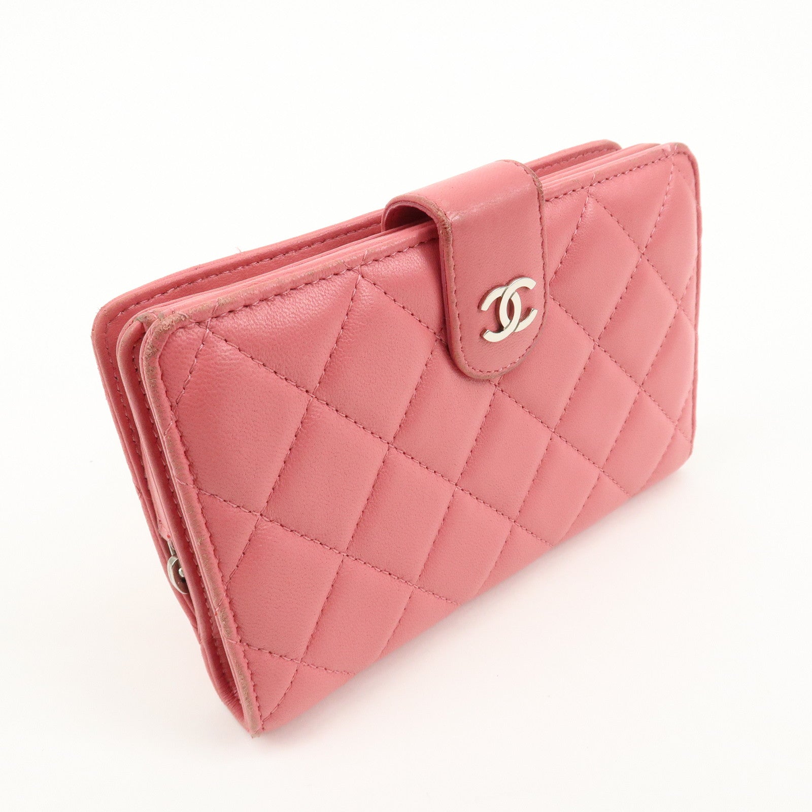 CHANEL Matelasse Lamb Skin Coco Mark Bi-fold Wallet Pink A48667 Used