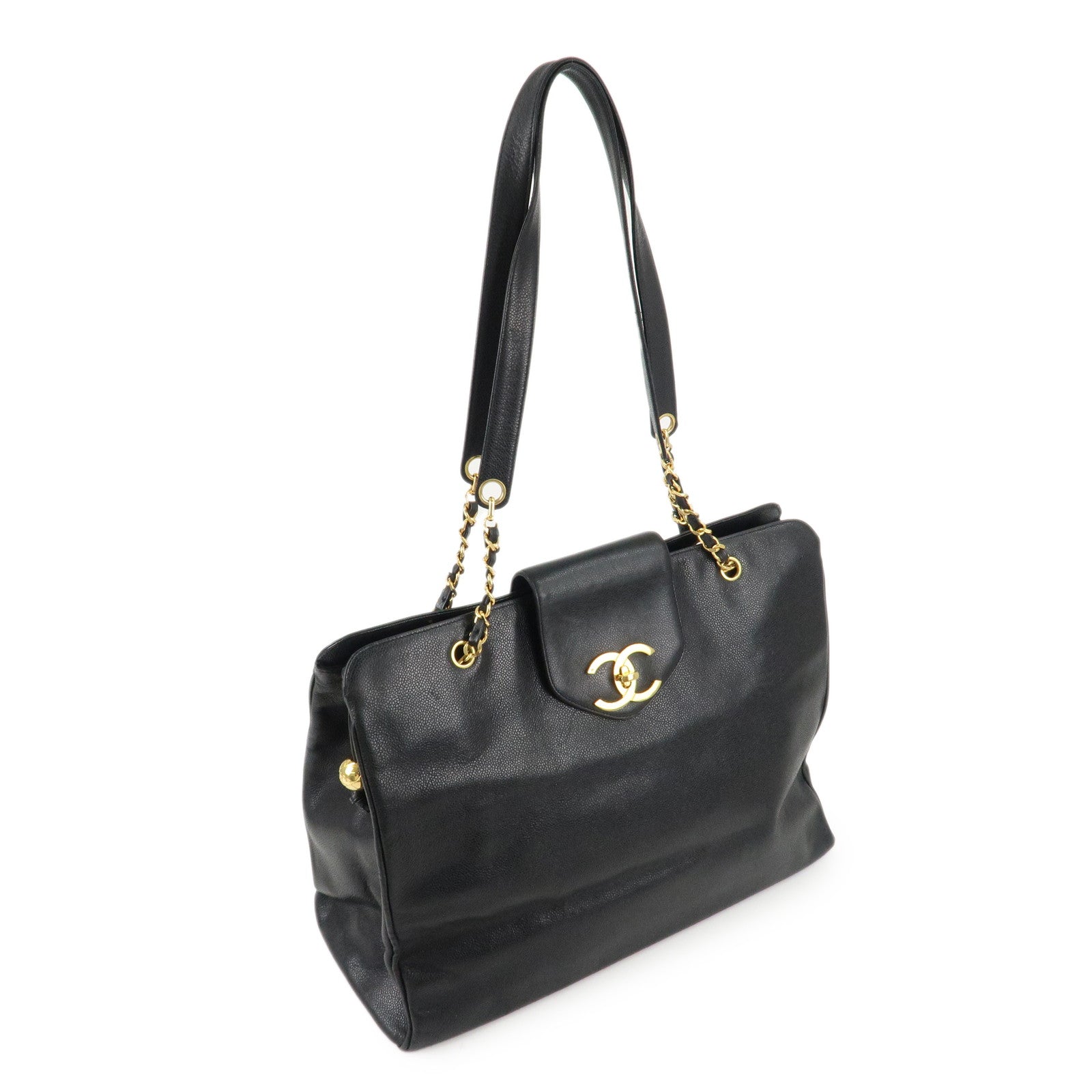 CHANEL Caviar Skin Super Model Shoulder Bag Black Gold Used