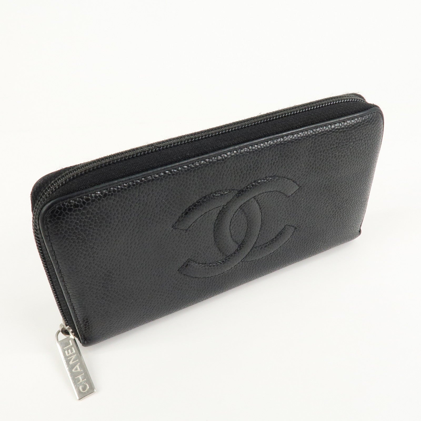 CHANEL Caviar Skin Zip Around Long Wallet Black A50071