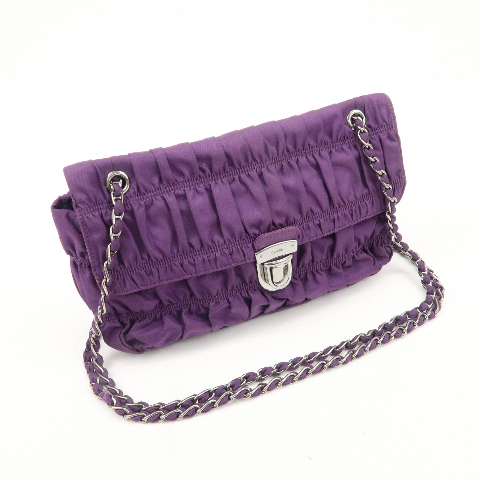 PRADA Nylon Leather Gathered Shoulder Bag Purple BR4609