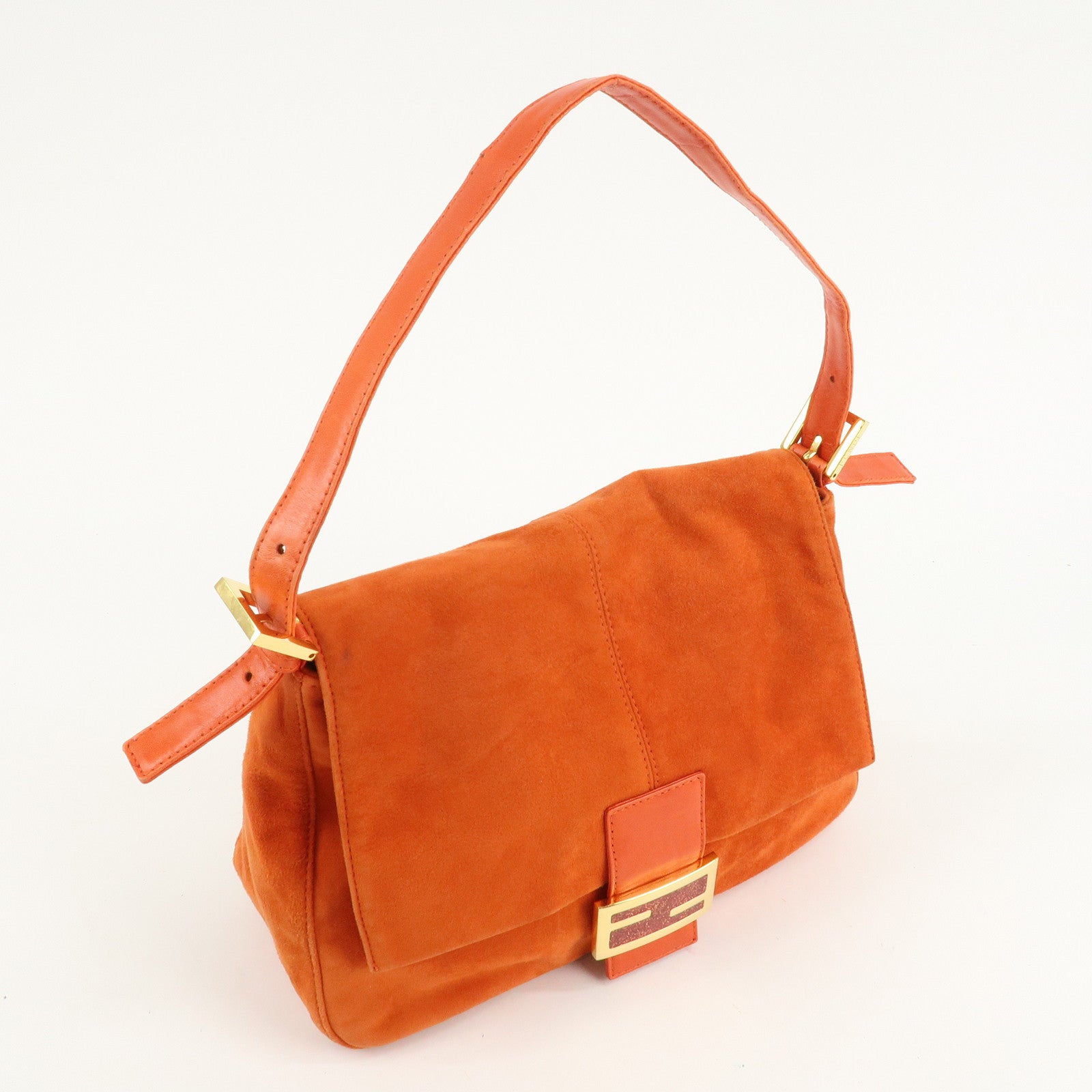 FENDI Mamma Baguette Suede Leather Shoulder Bag Orange 26325