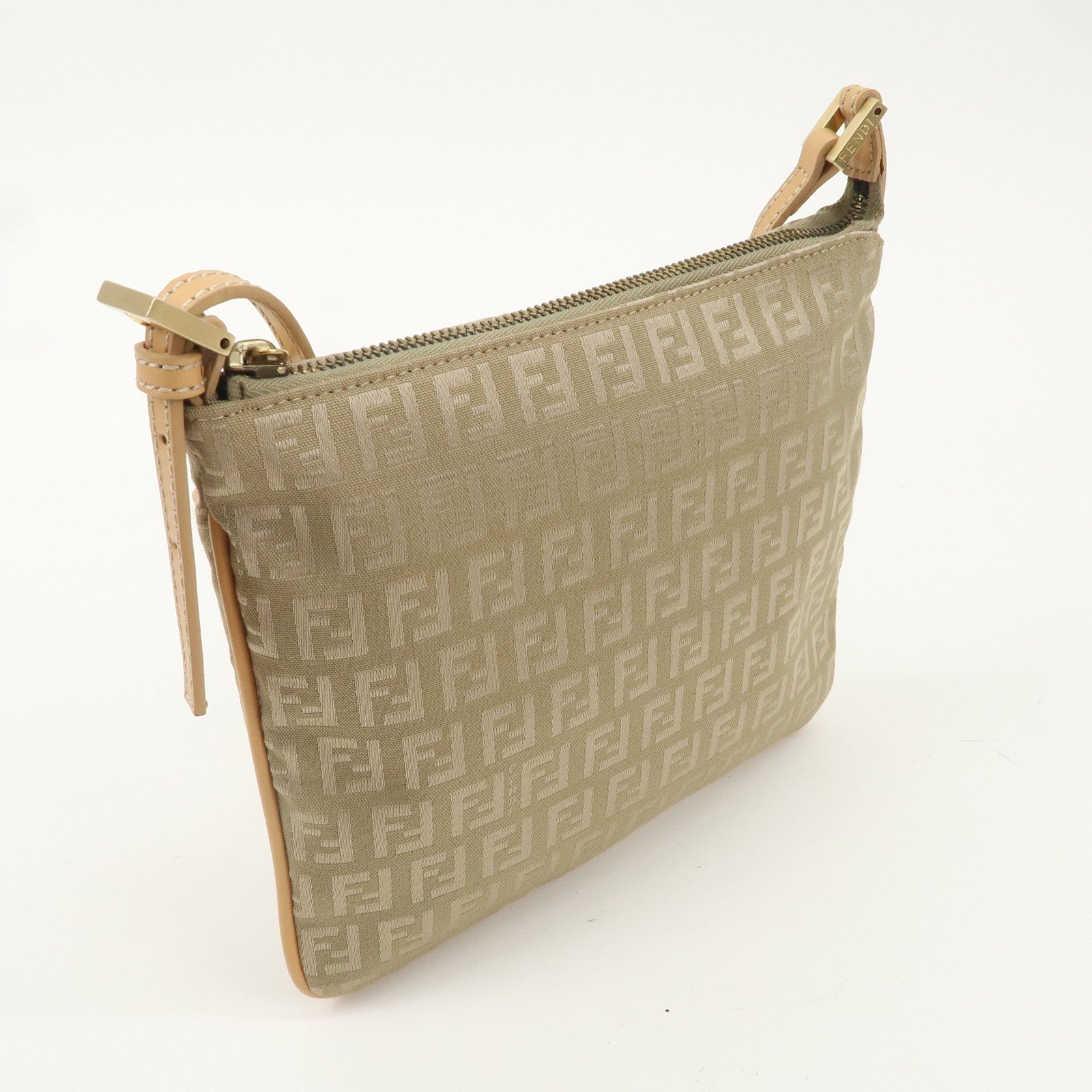 FENDI Zucchino Canvas Leather Shoulder Bag Beige