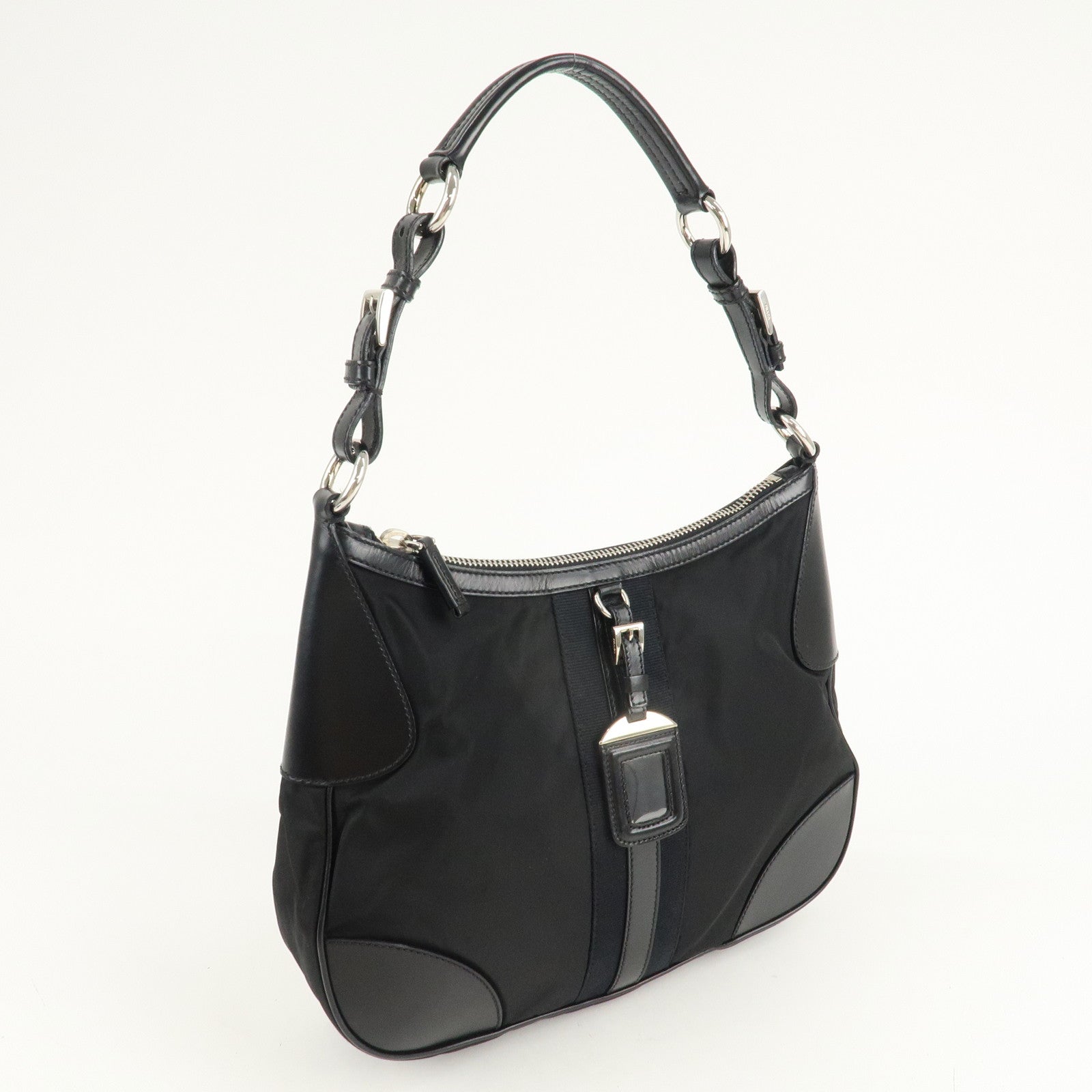 PRADA Nylon Leather Shoulder Bag Black BR2604