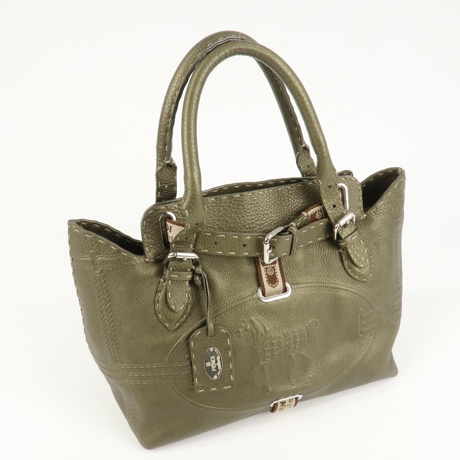 FENDI Selleria Leather Tote Bag Shoulder Bag Khaki 8BN155 Used