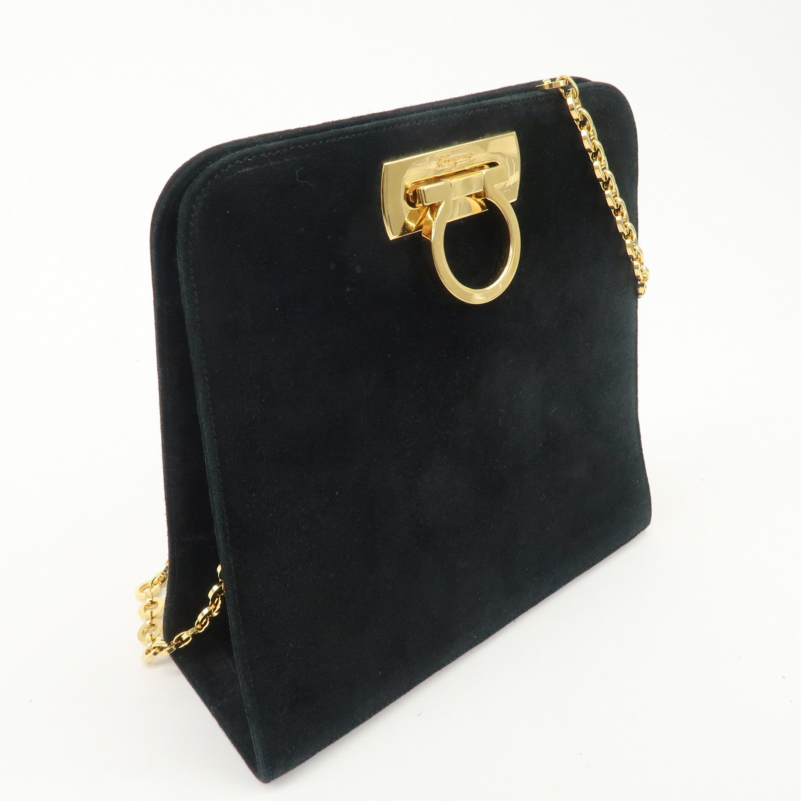 Salvatore Ferragamo Gancini Suede Chain Shoulder Black Bag