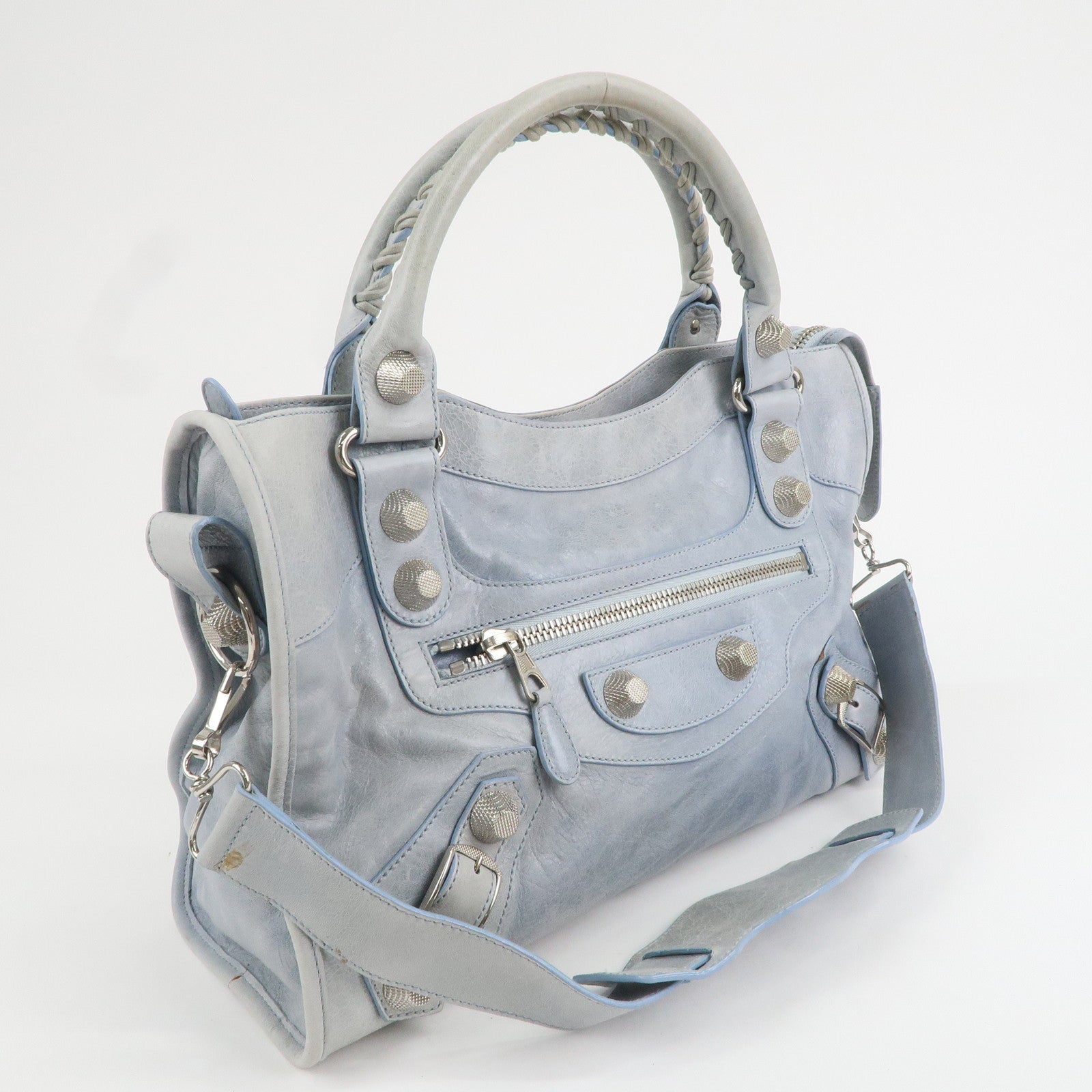 BALENCIAGA The Giant City Leather 2Way Hand Bag Light Blue 173084