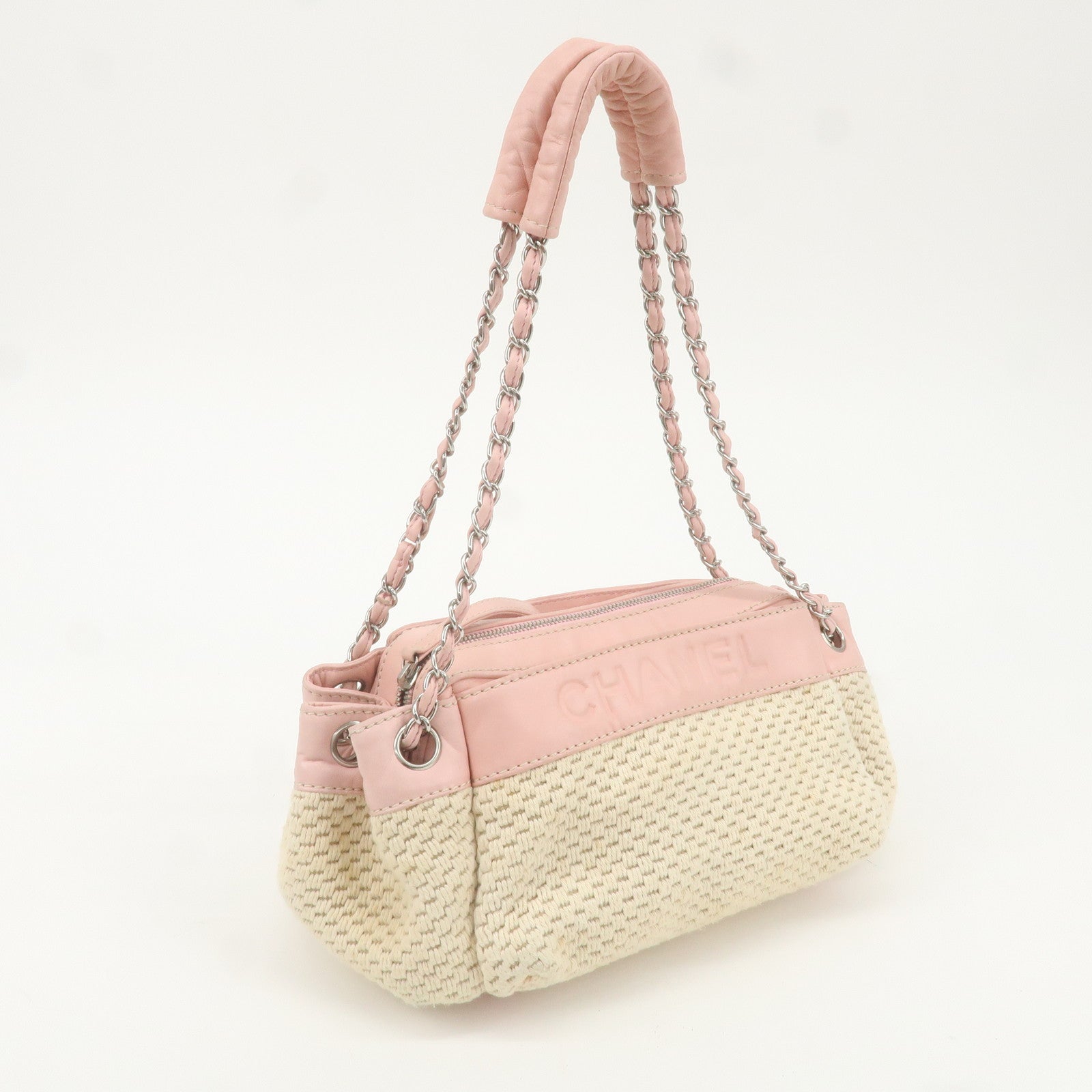 CHANEL Canvas Leather Logo Chain Tote Bag Beige Pink