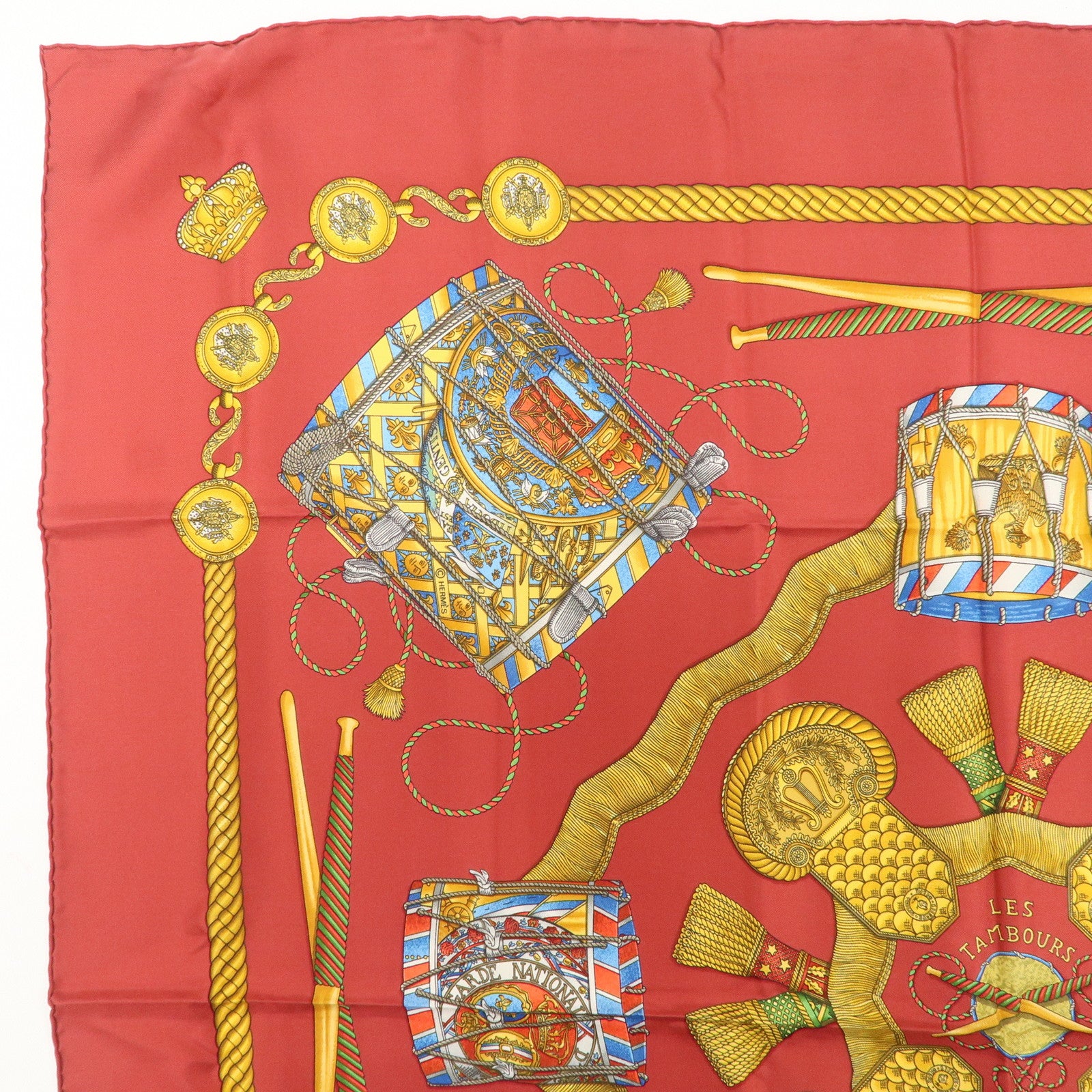 HERMES Carre 90 100% Silk Scarf LES TAMBOURS Drum Print Wine Red