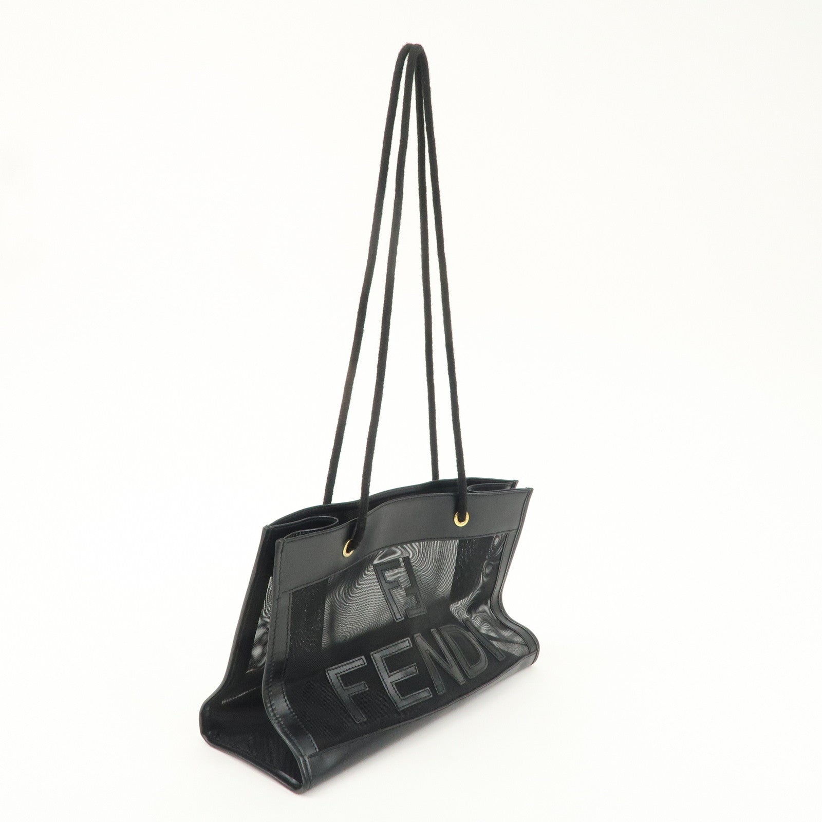 FENDI Mesh Leather Tote Bag Shoulder Bag Black 259640