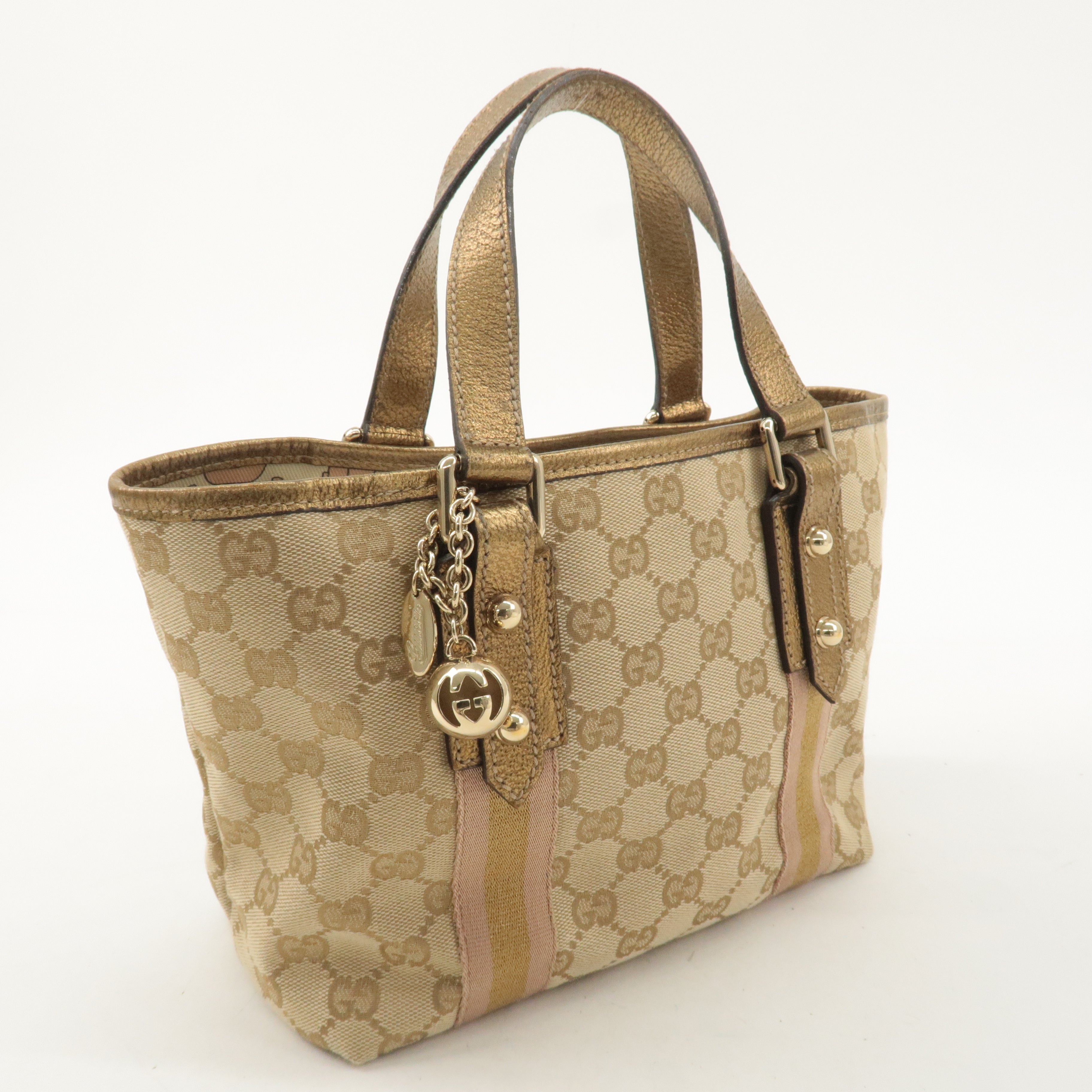 GUCCI Sherry GG Canvas Leather Mini Hand Bag Beige Gold 139261