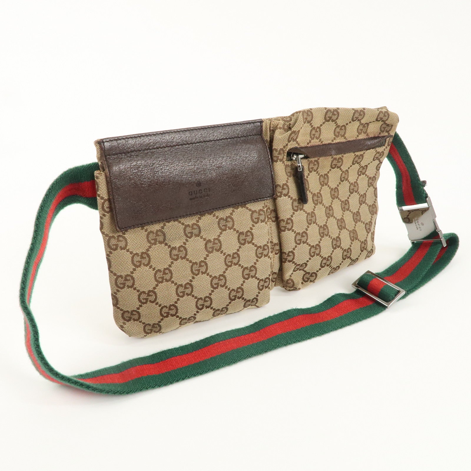 GUCCI GG Canvas Leather Waist Bag Waist Pouch Beige Brown 28566