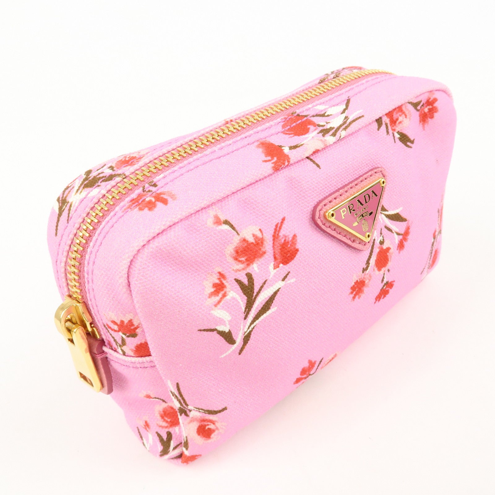 PRADA Canapa Canvas Leather Cosmetic Pouch Flower 1NA021 Pink Used