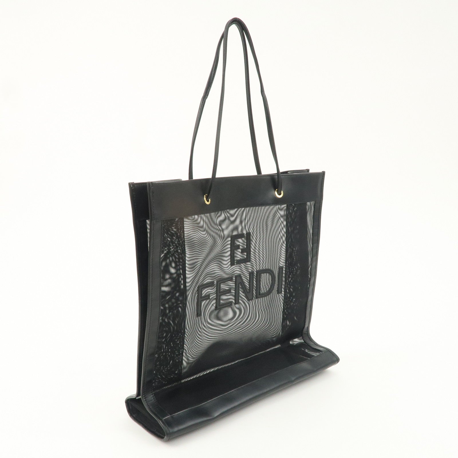 FENDI Mesh Leather Tote Bag Shoulder Bag Black 259647